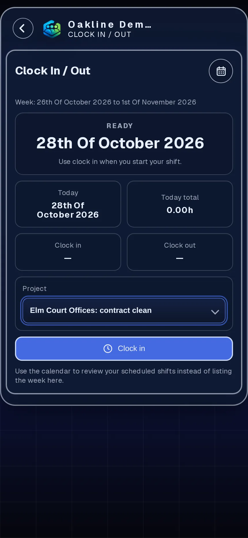 Phone clock-in with the client site project selected