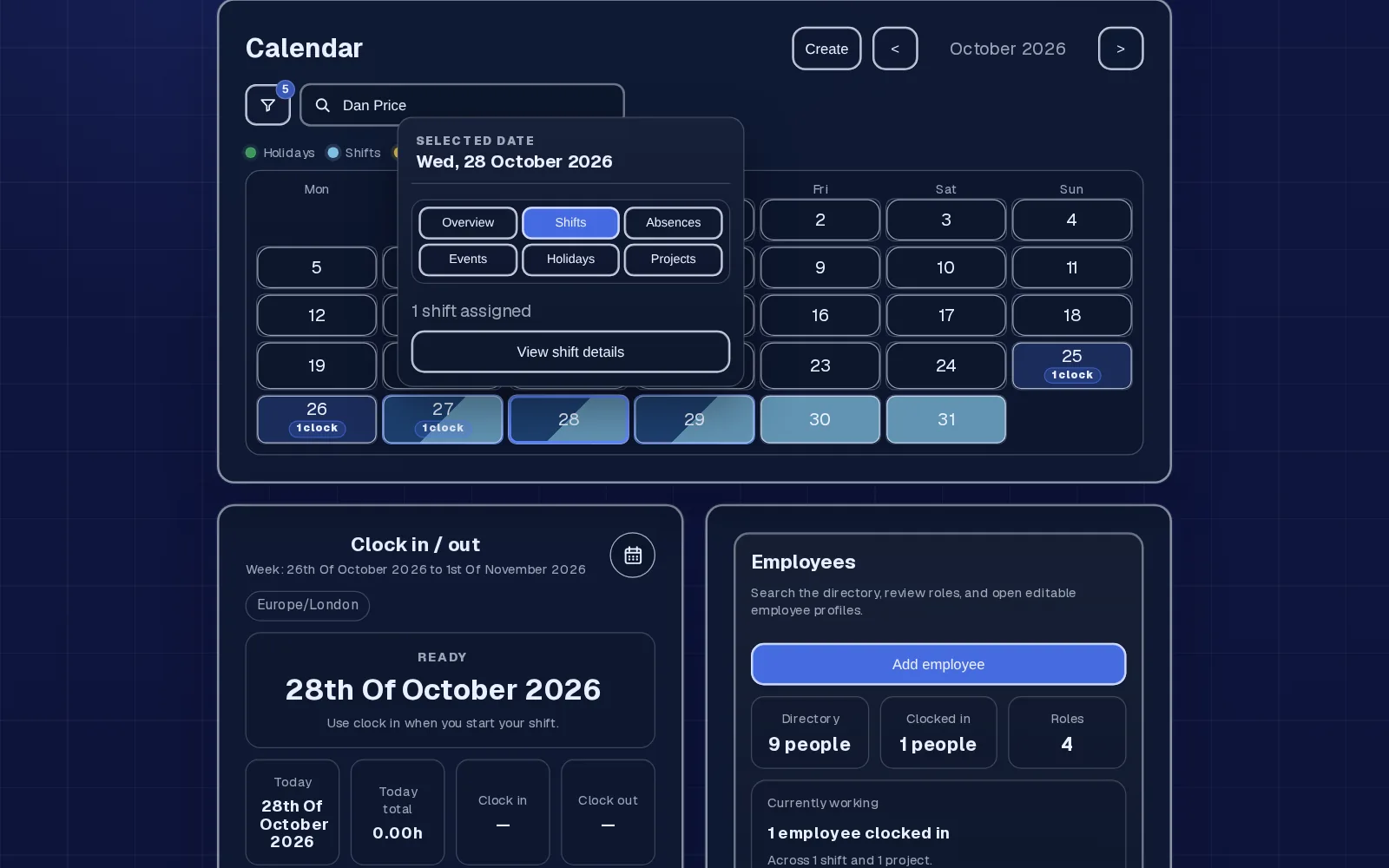 Rota calendar with a day's shift details open