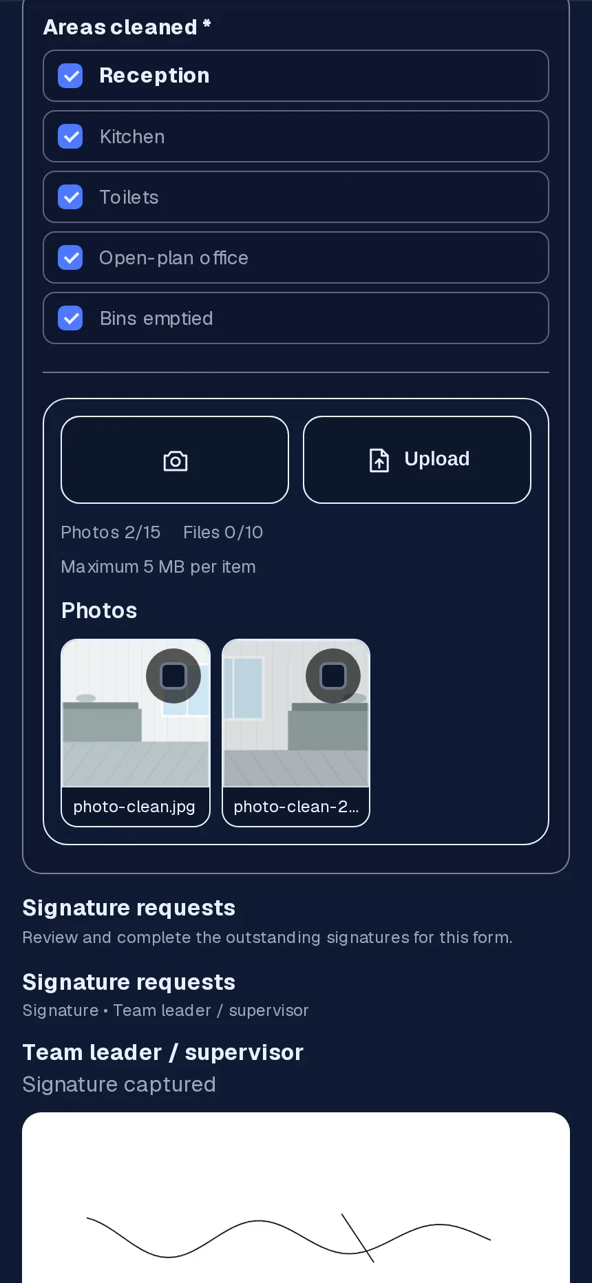 Cleaning checklist with photos and a supervisor signature