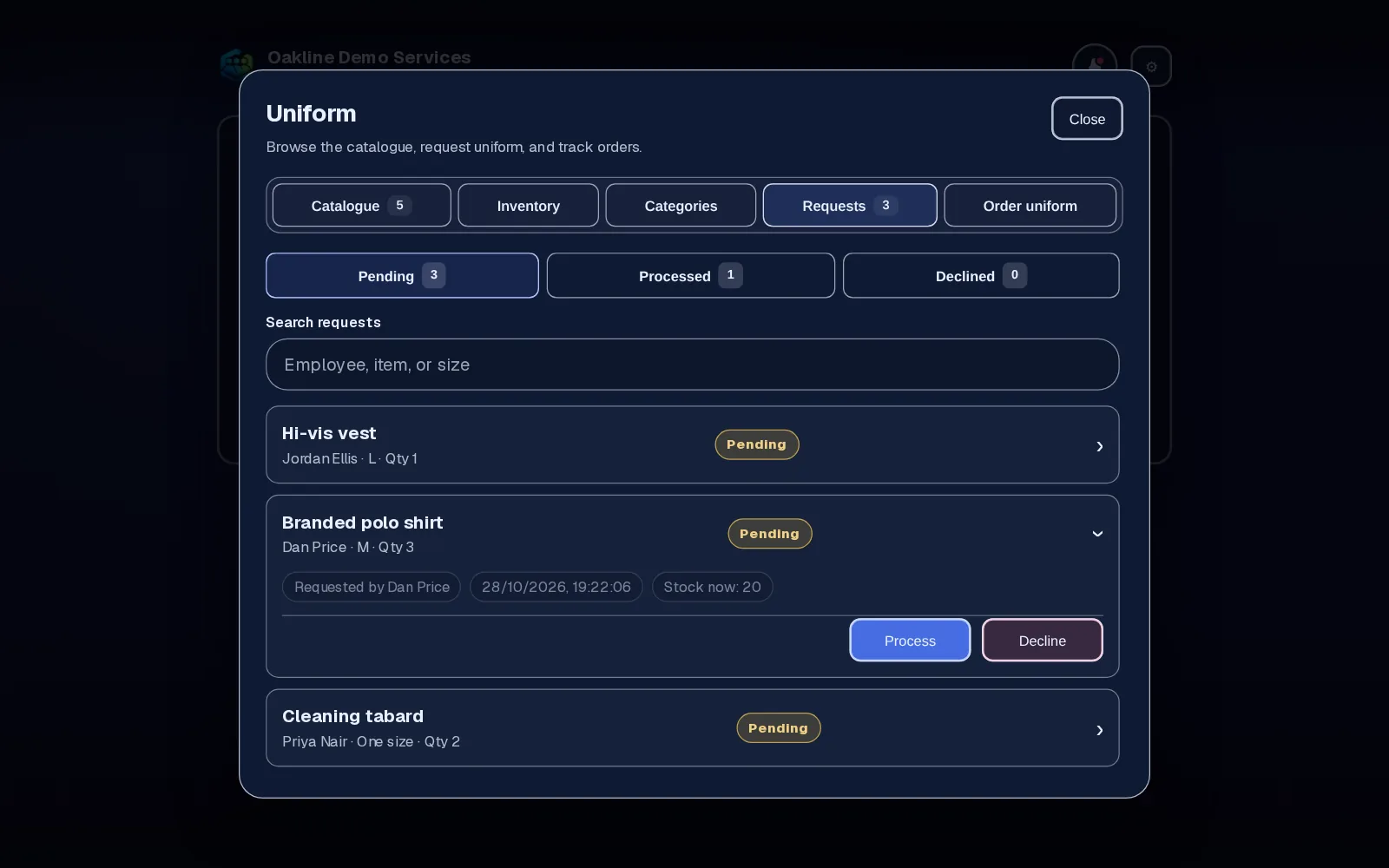 Uniform request queue with sizes and Process and Decline buttons