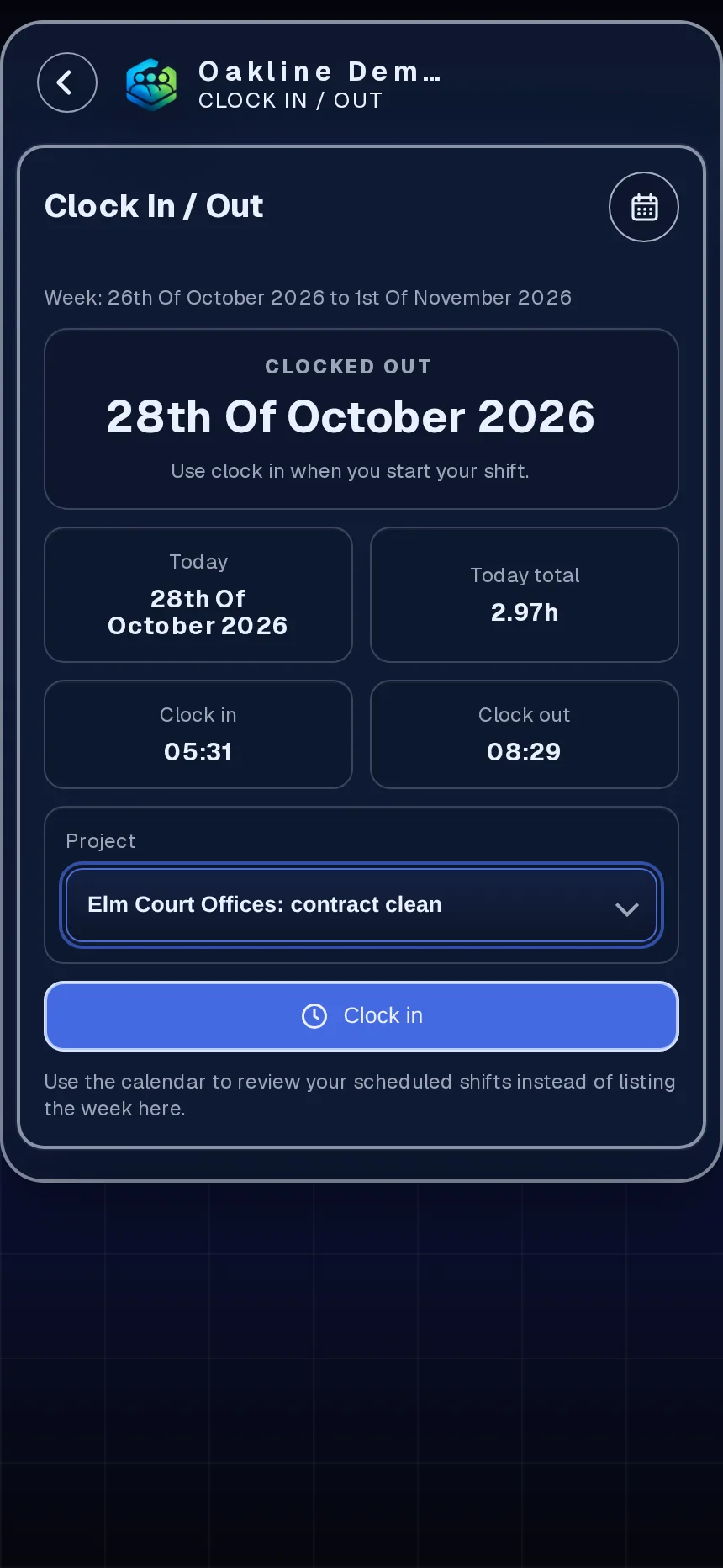 Employee clock-in card on a phone with a project selected and the day's times