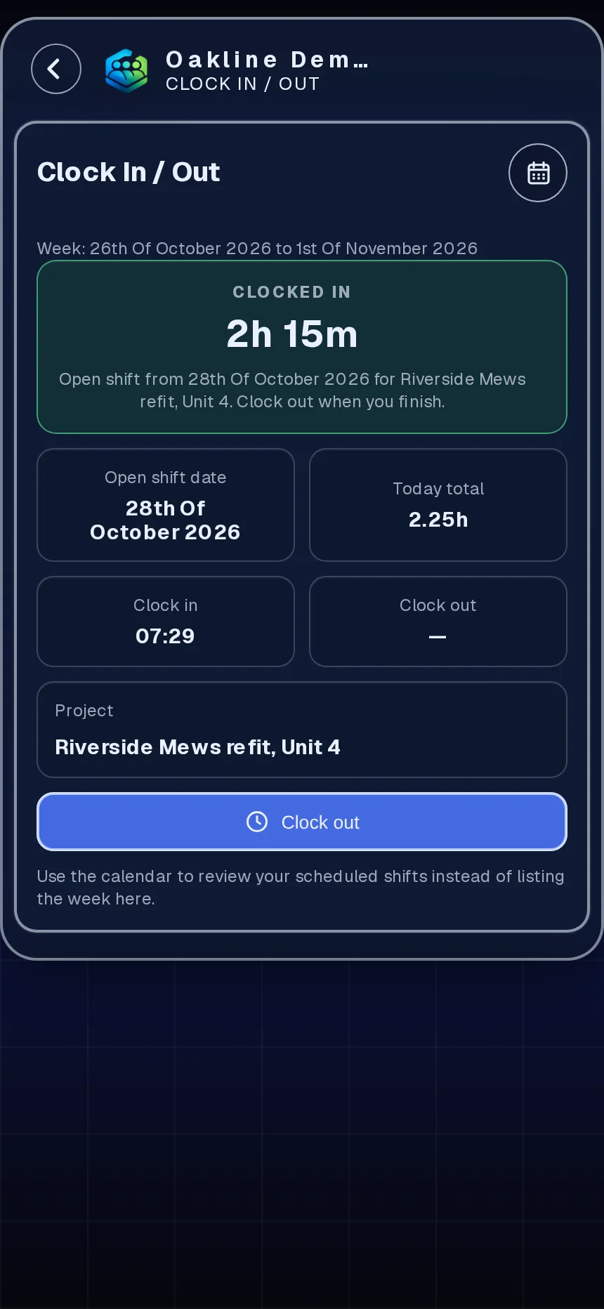 Clock-in card in the clocked-in state with a running timer