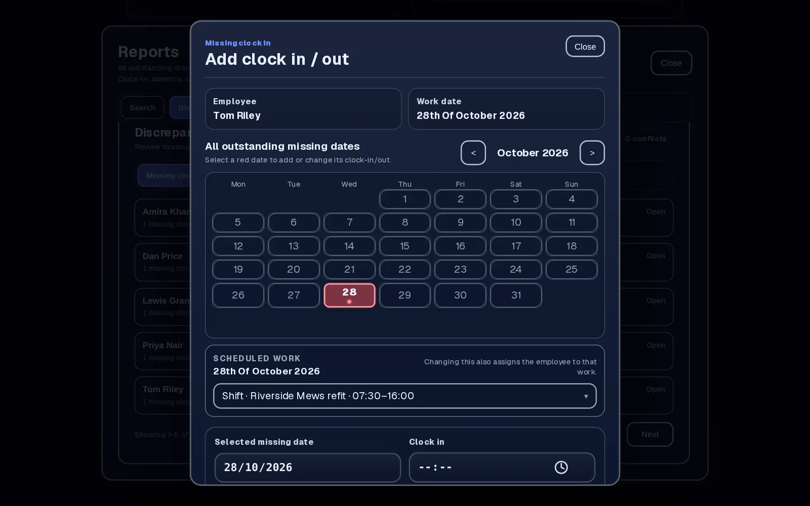 Manager view flagging a rostered shift with no clock-in
