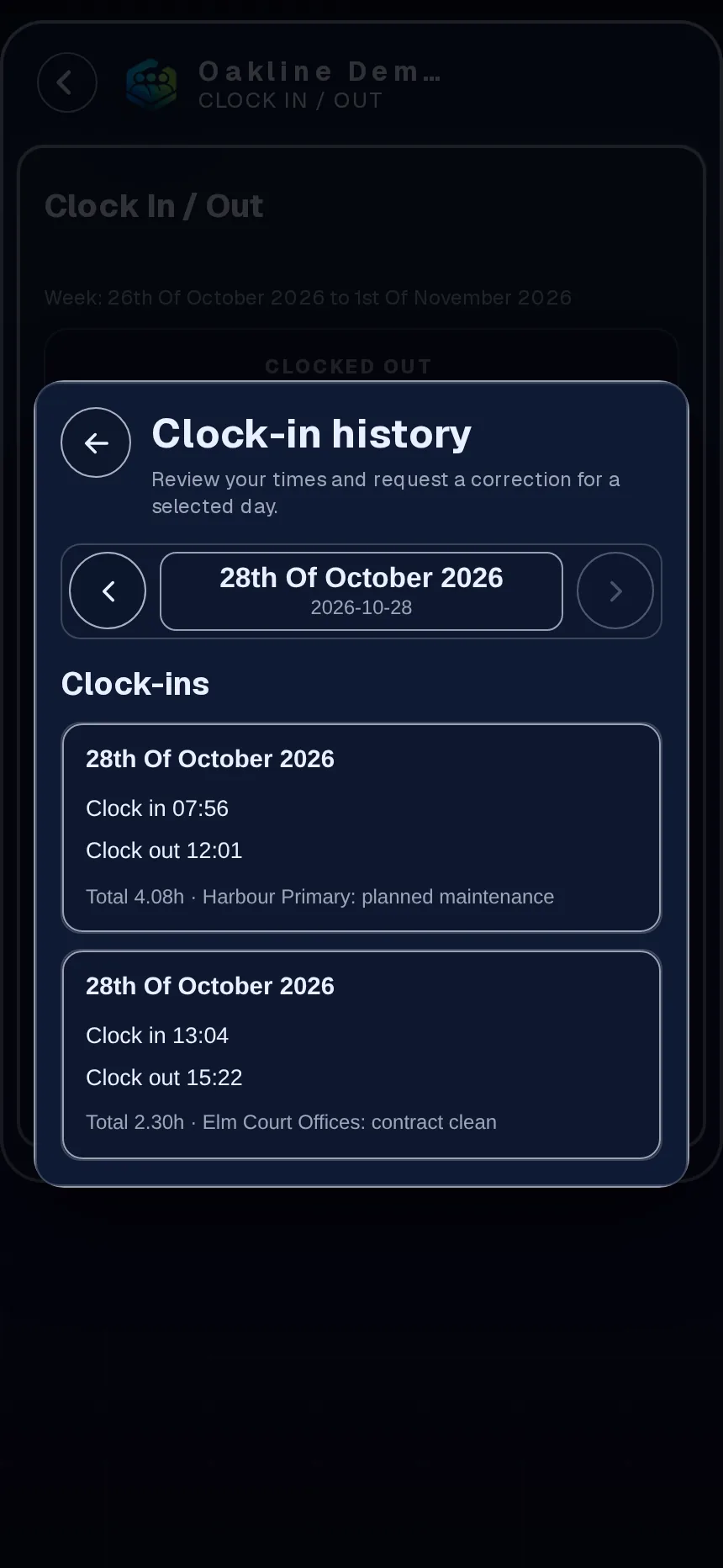 Day view with two separate clock entries on different projects