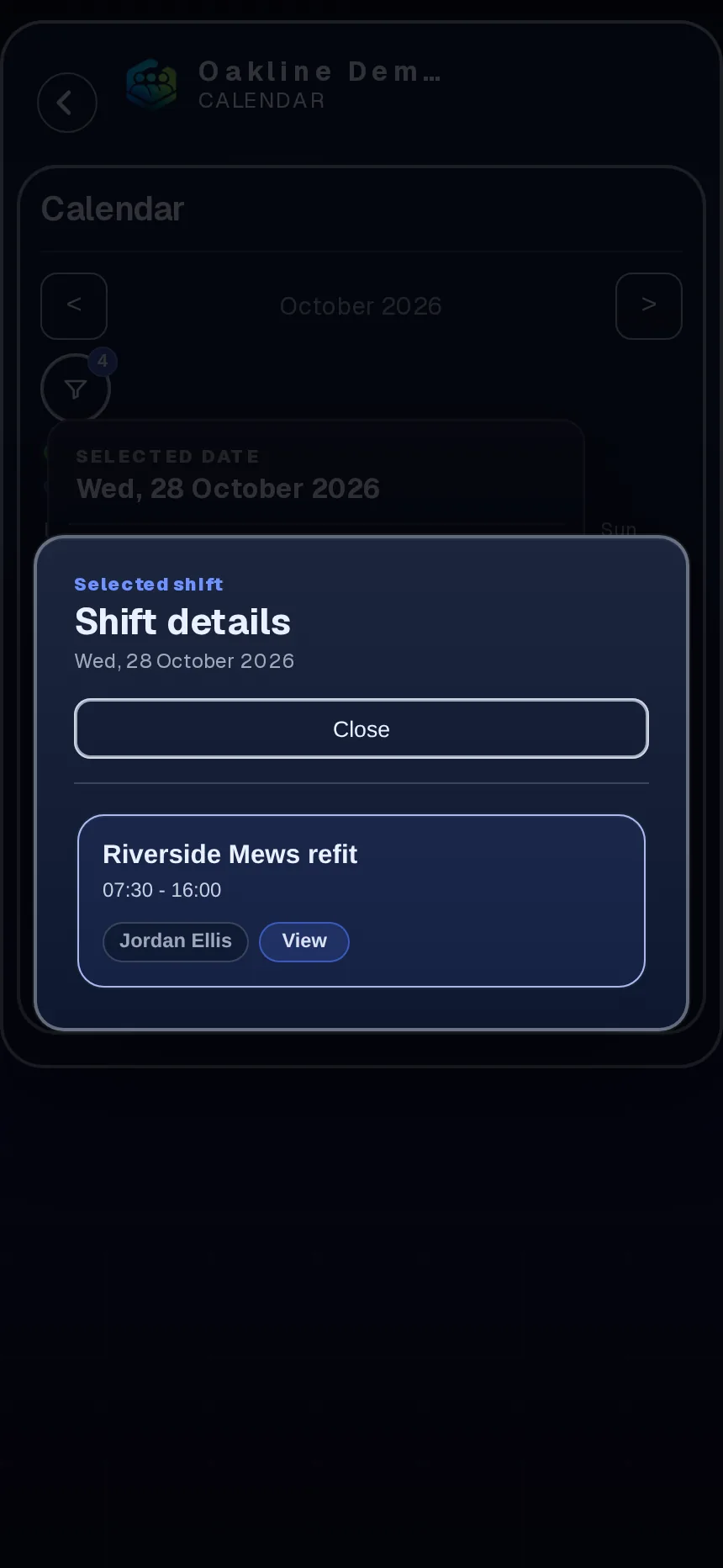 Employee dashboard showing today's shift and project