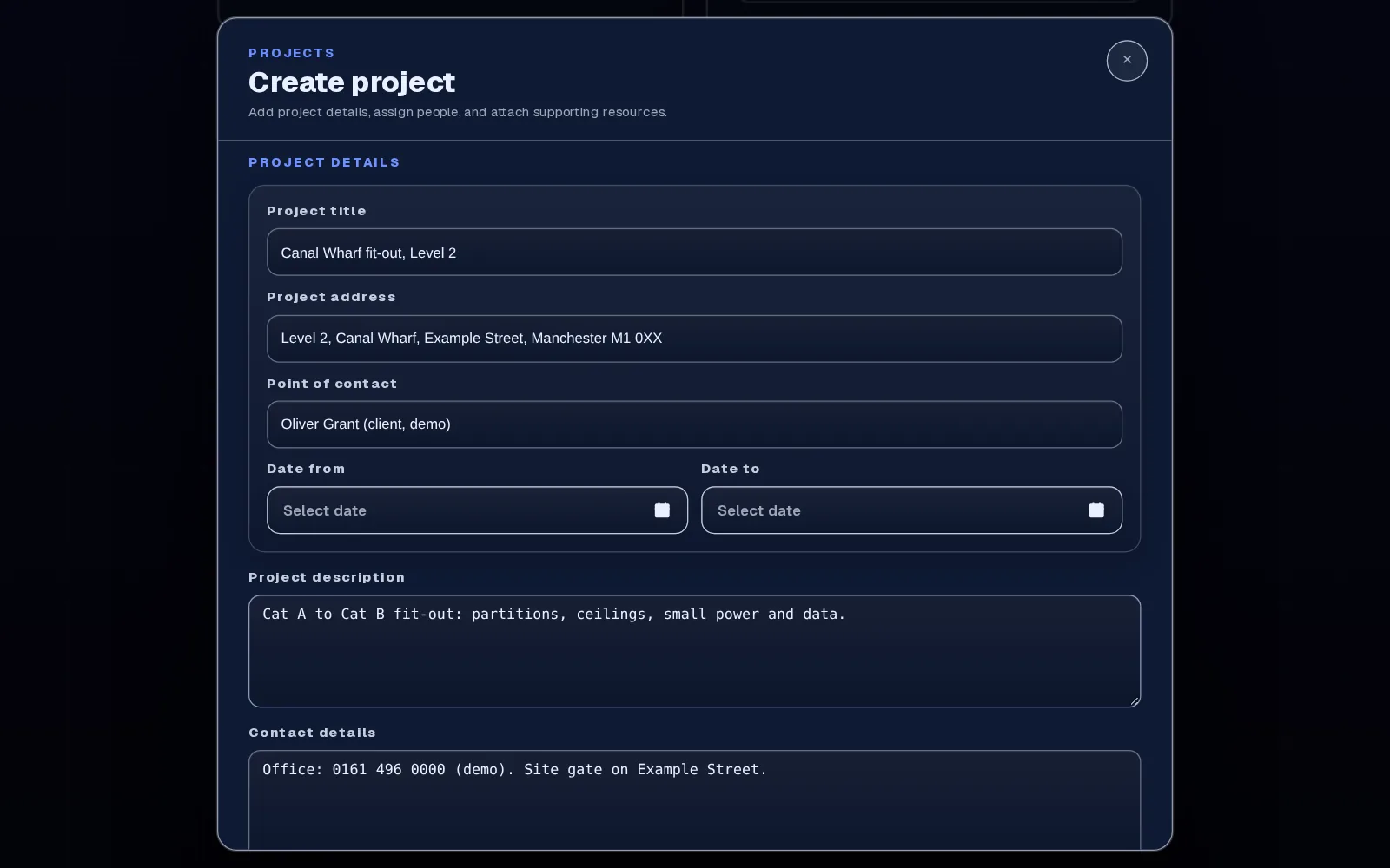 New project form with site address, point of contact and description