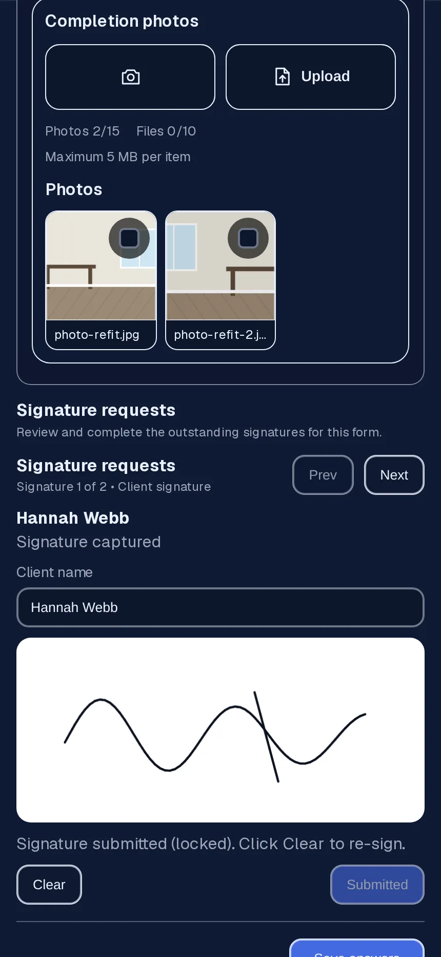 Completion form with checklist, photos and a client signature