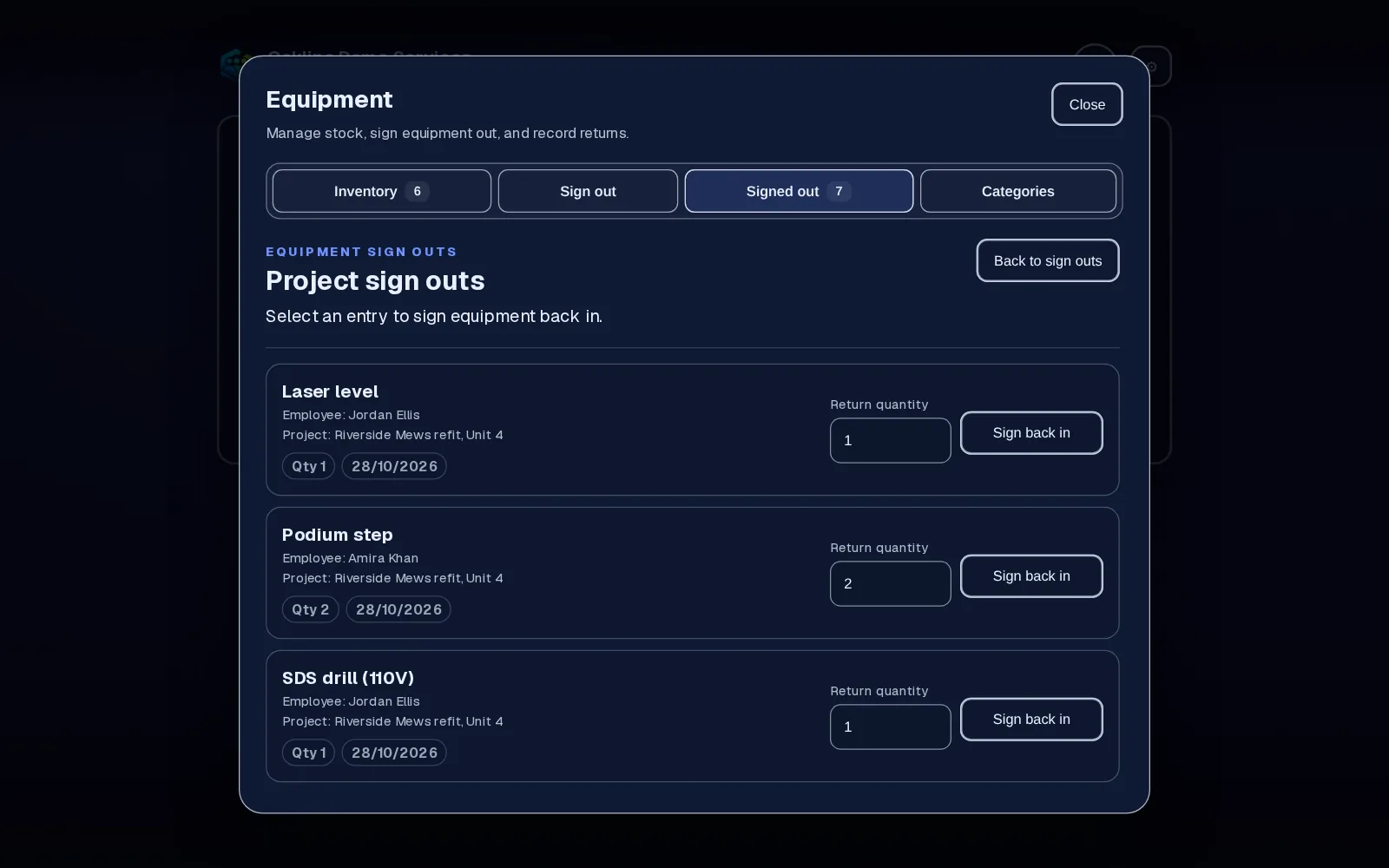 Equipment list showing items in stock, items signed out and who has them