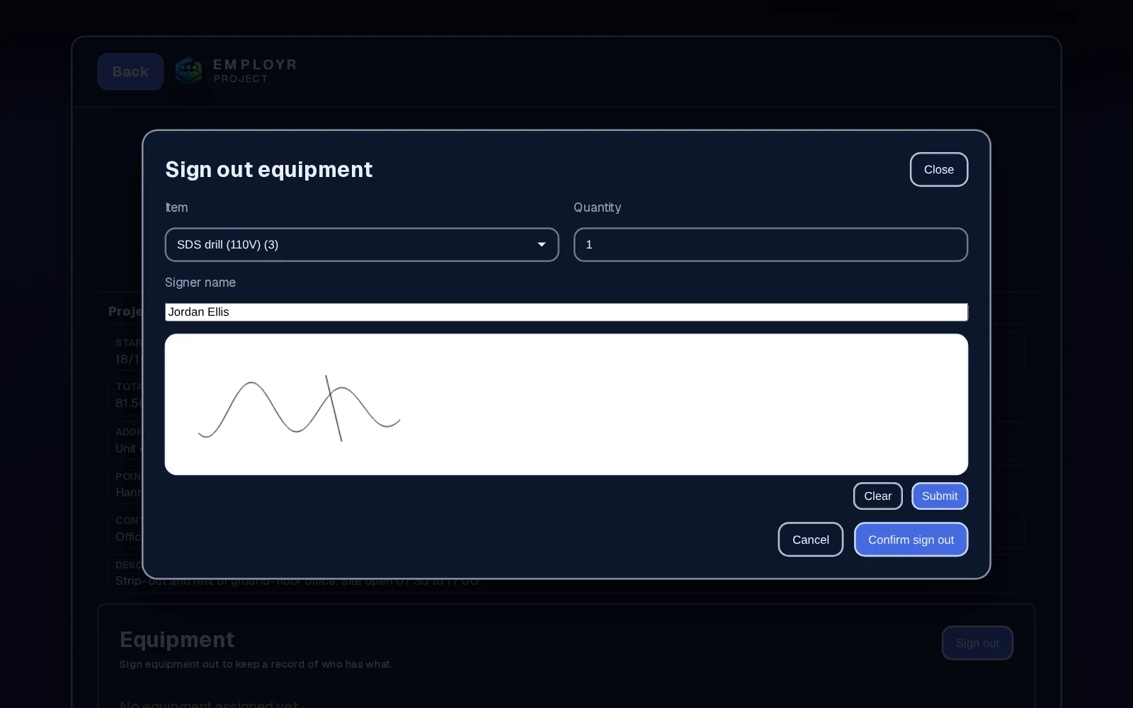 Project sign-out form with item, quantity and signature pad
