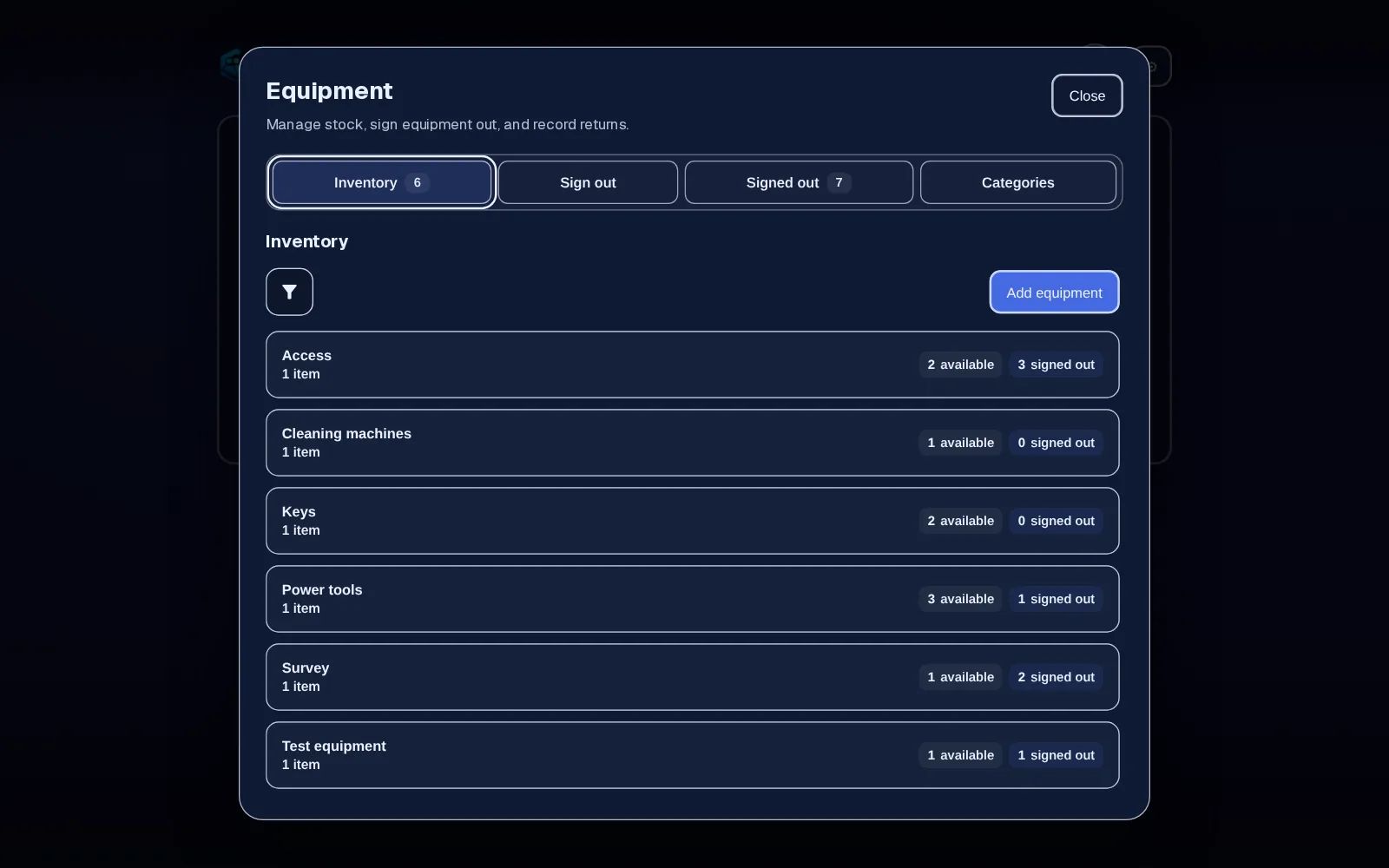 Equipment inventory by category with available and signed-out counts
