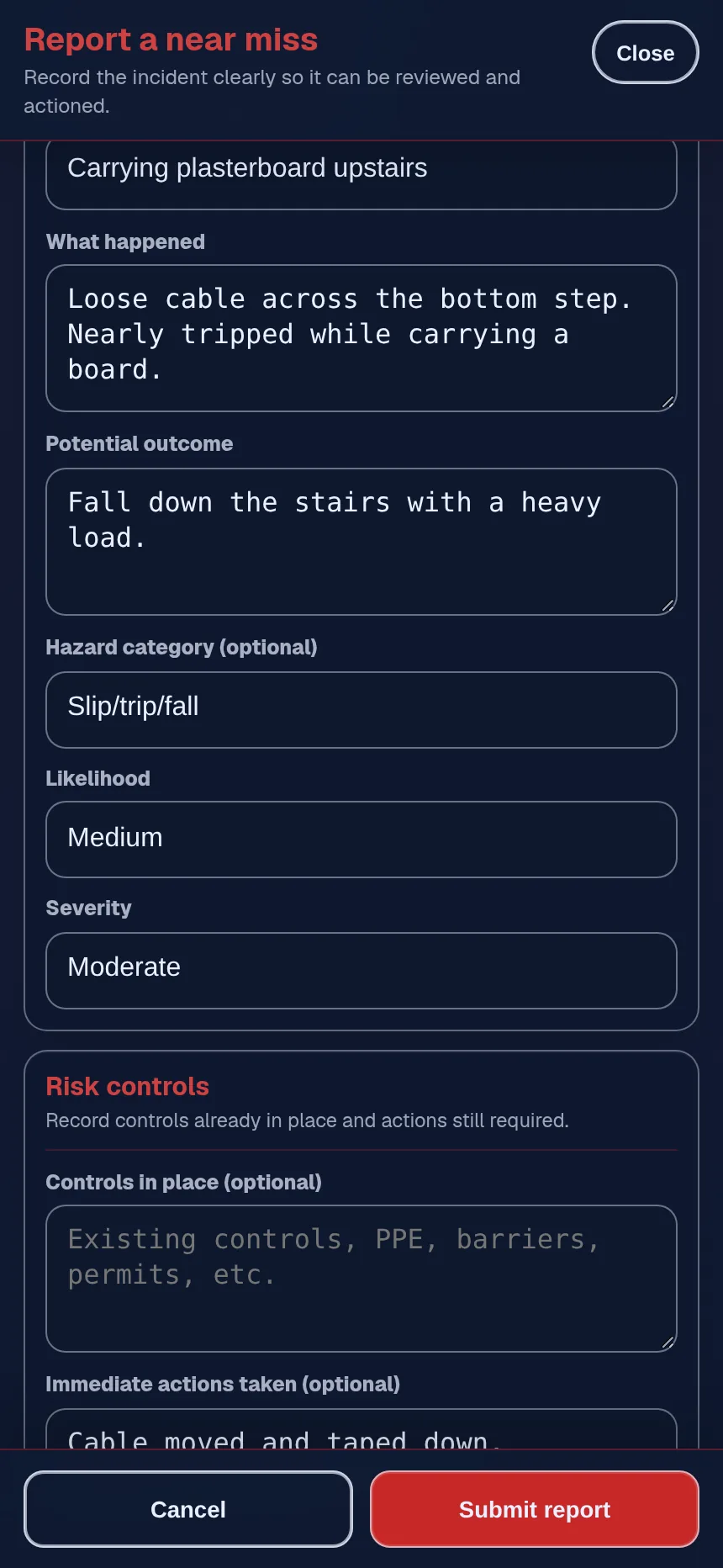 Near-miss report on a phone filled in with the task, what happened, the potential outcome, category, likelihood and severity