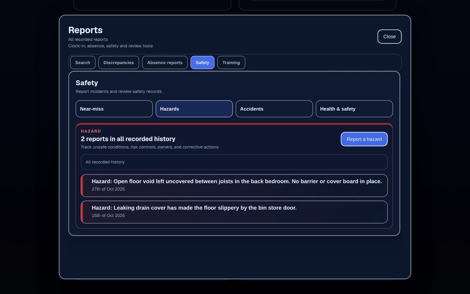 Safety tab in Reports on Hazards, with near-miss, accident and health and safety tabs and two hazard reports listed