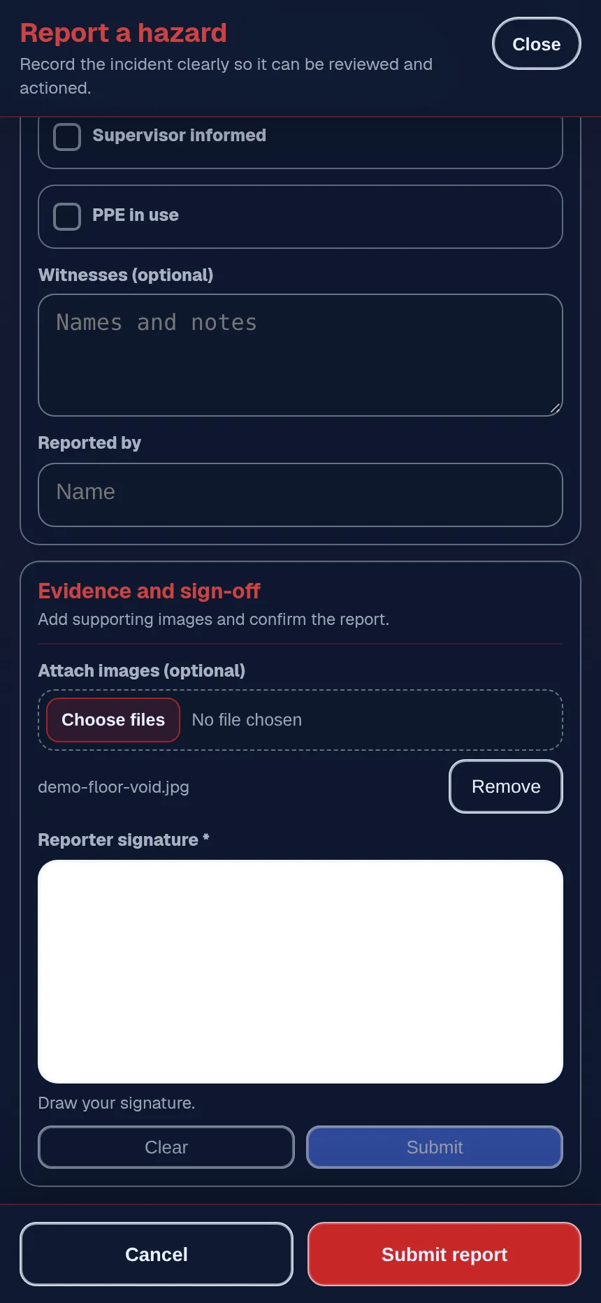 Hazard report on a phone with a photo attached, witnesses, reported by and a signature box