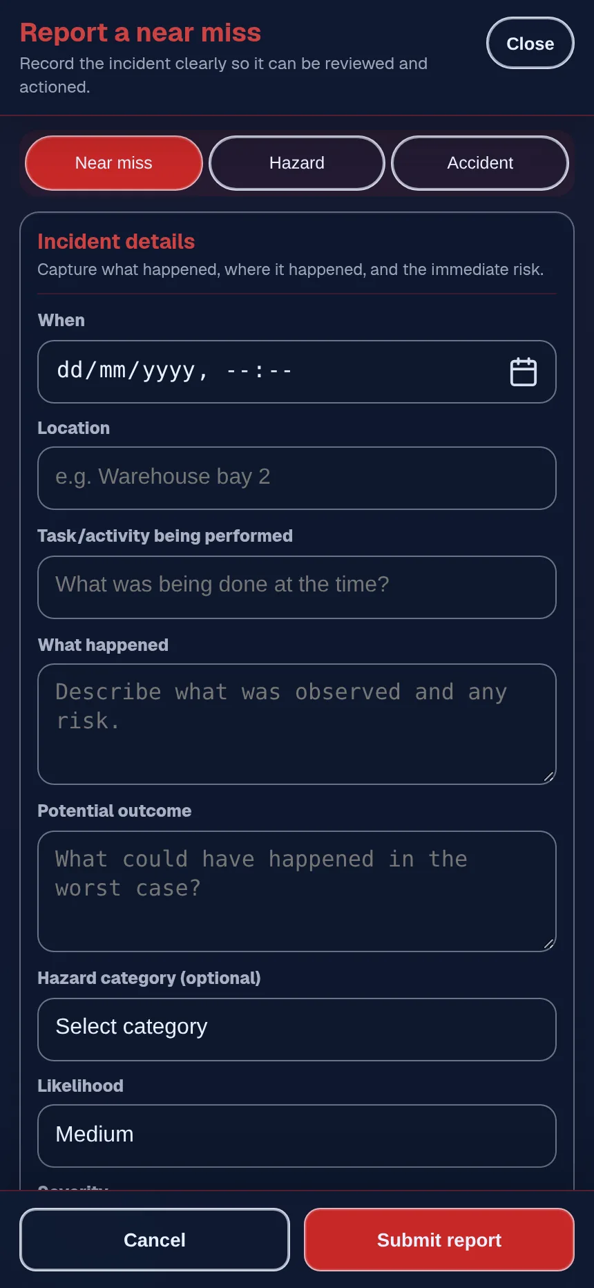 Report form on a phone with Near miss, Hazard and Accident options at the top