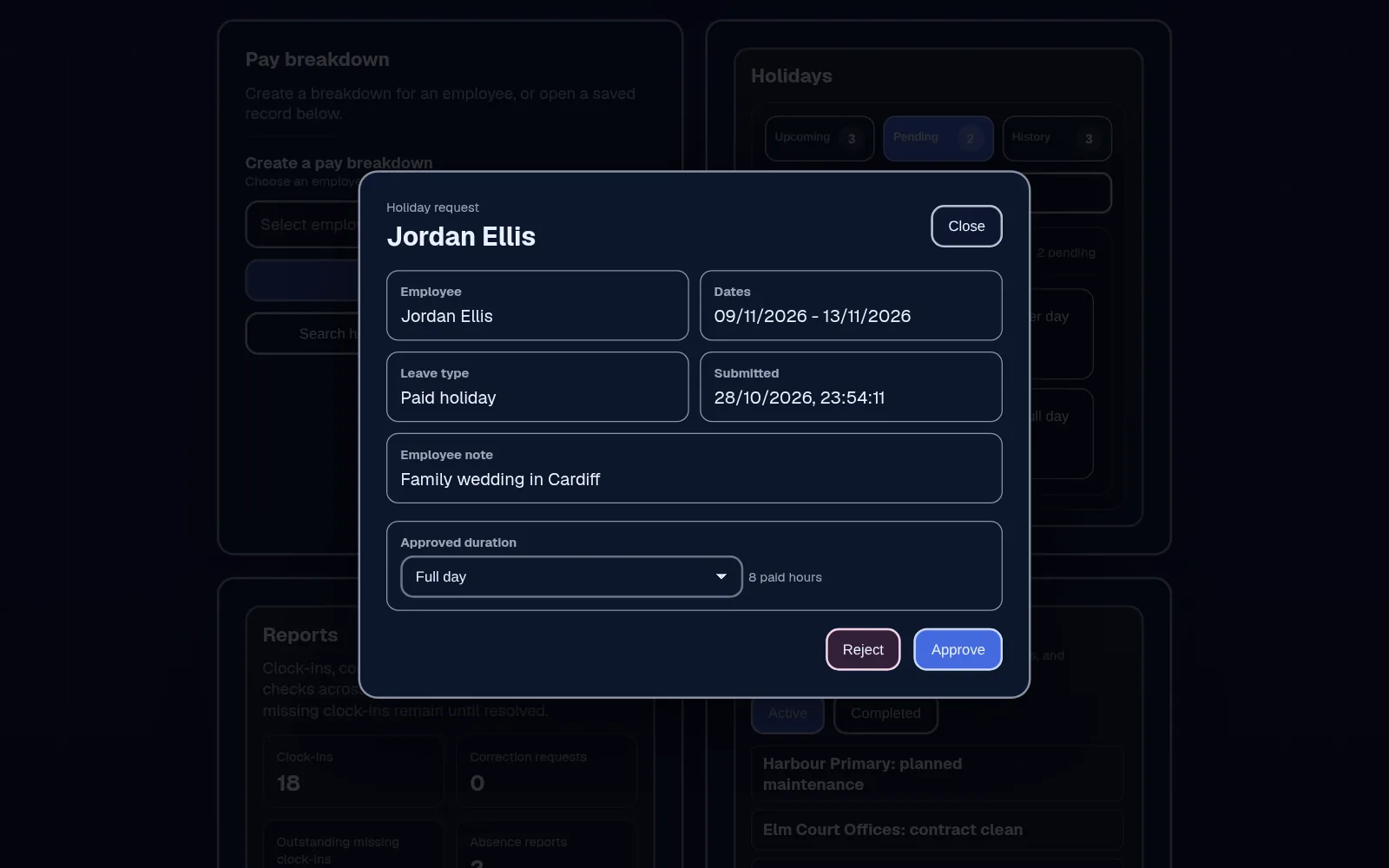 Holiday request open for review with the employee, dates, leave type, notes, and Reject and Approve buttons