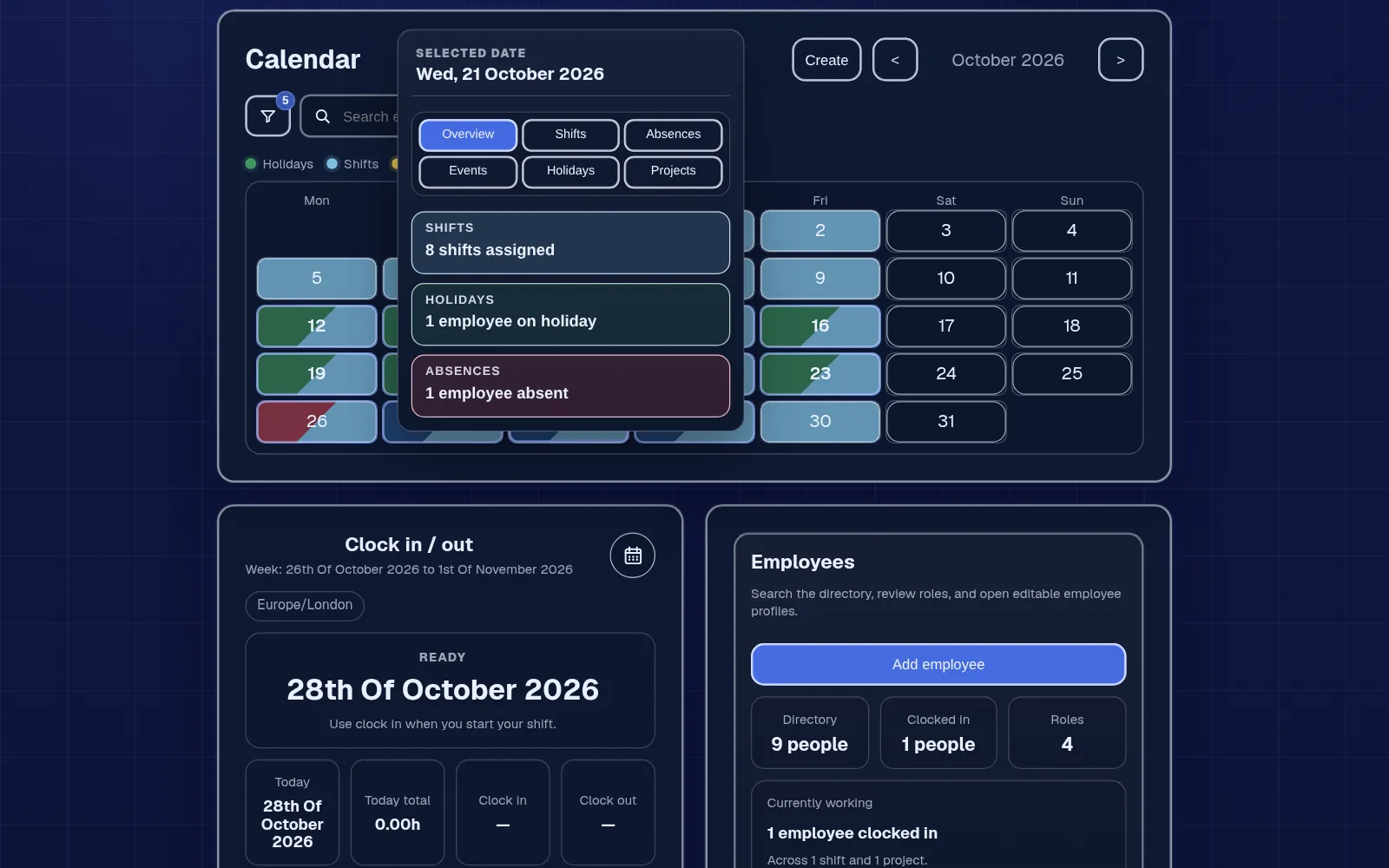 Shared calendar with one day open showing the shifts, who is on holiday and who is absent