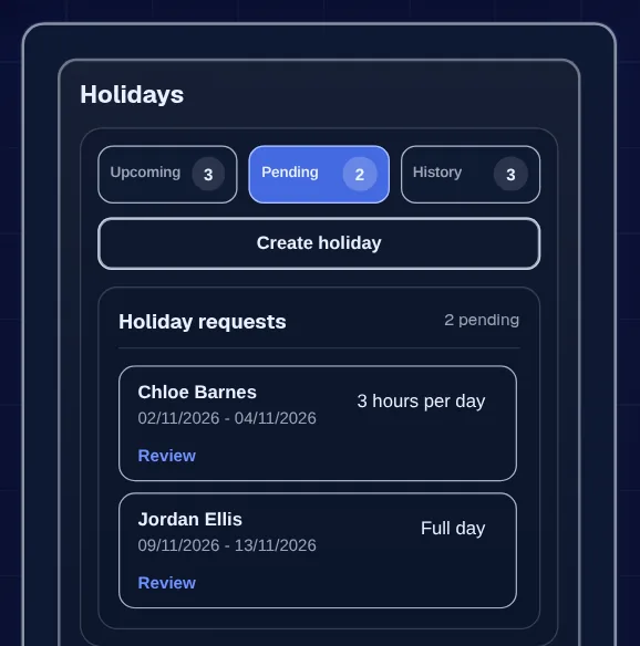 Holidays card on the Pending tab with two holiday requests waiting for review