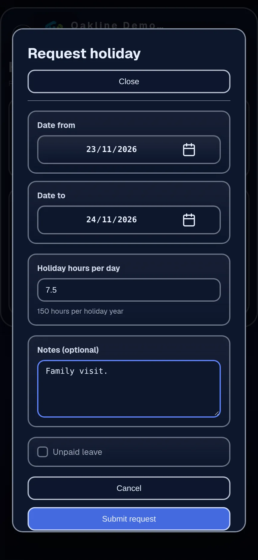 Holiday request on a phone with the dates, holiday hours per day and a note