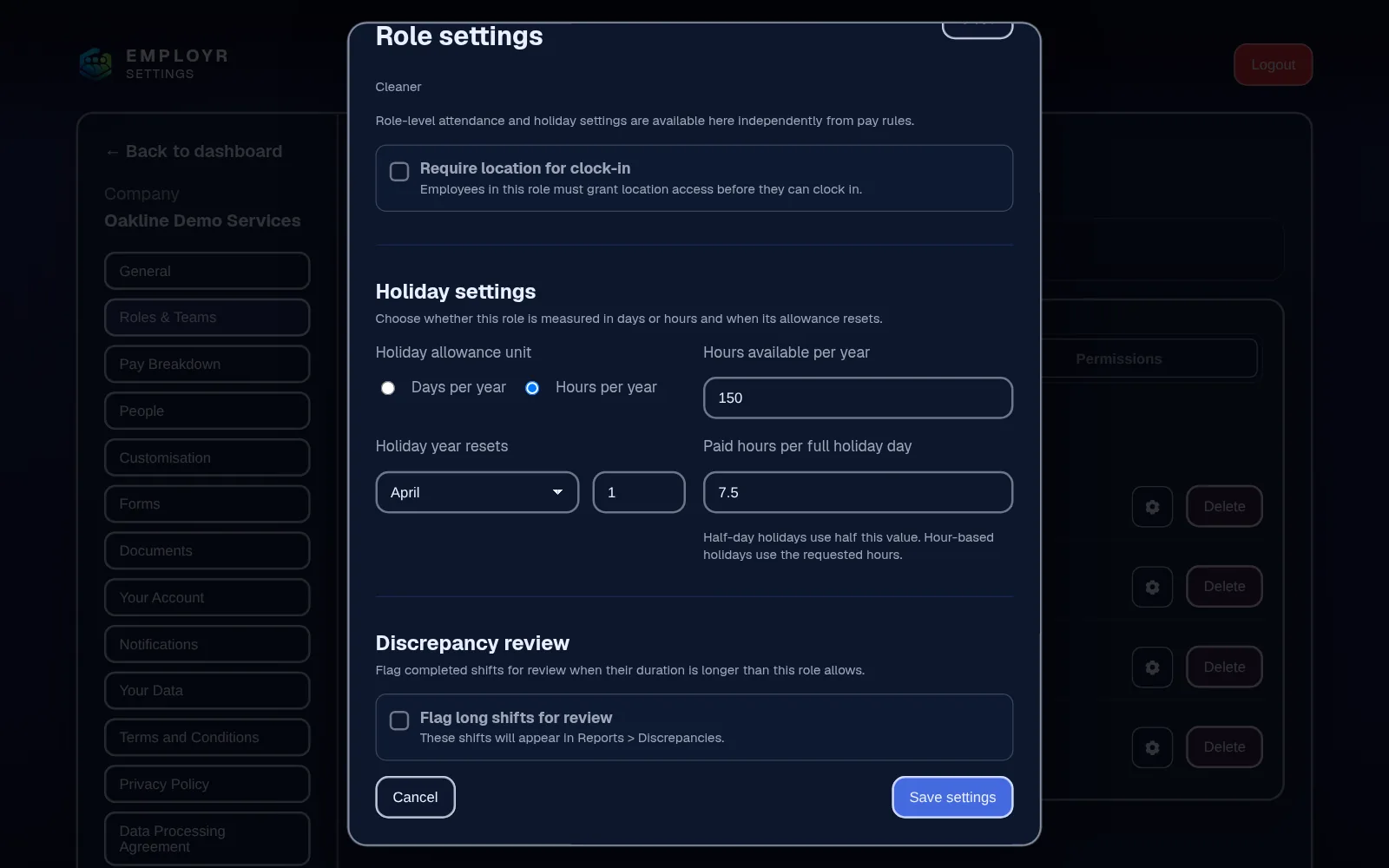 Role settings with holiday allowance in hours, the holiday-year reset date and hours per holiday day