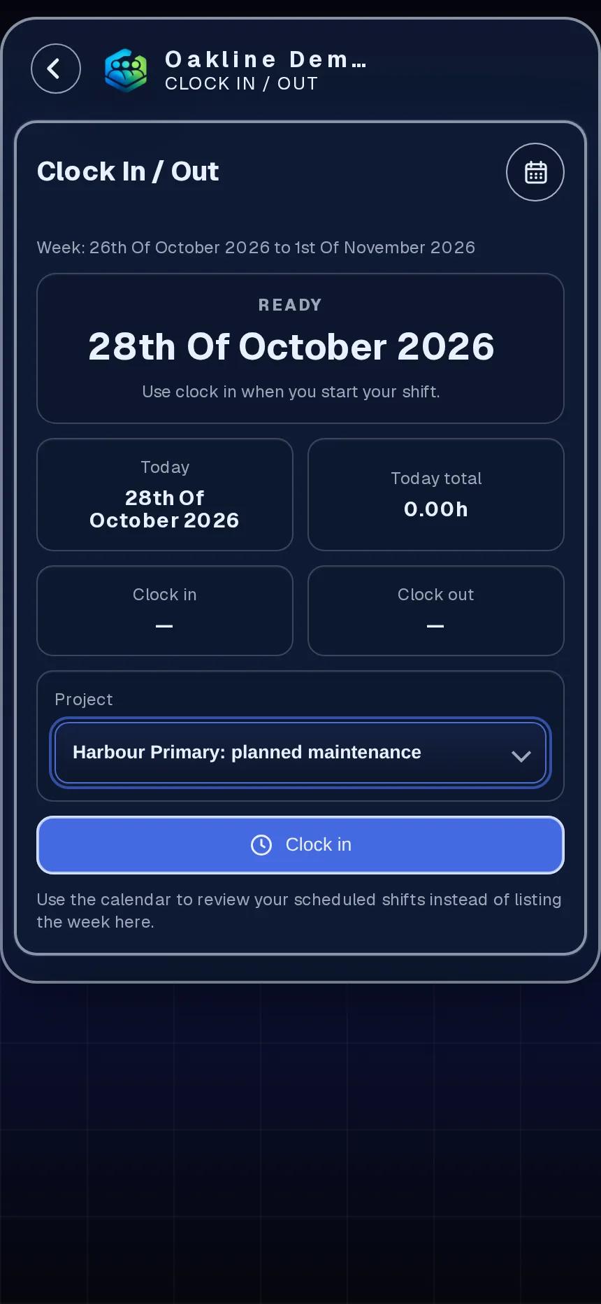 Phone clock-in screen with a client site project selected