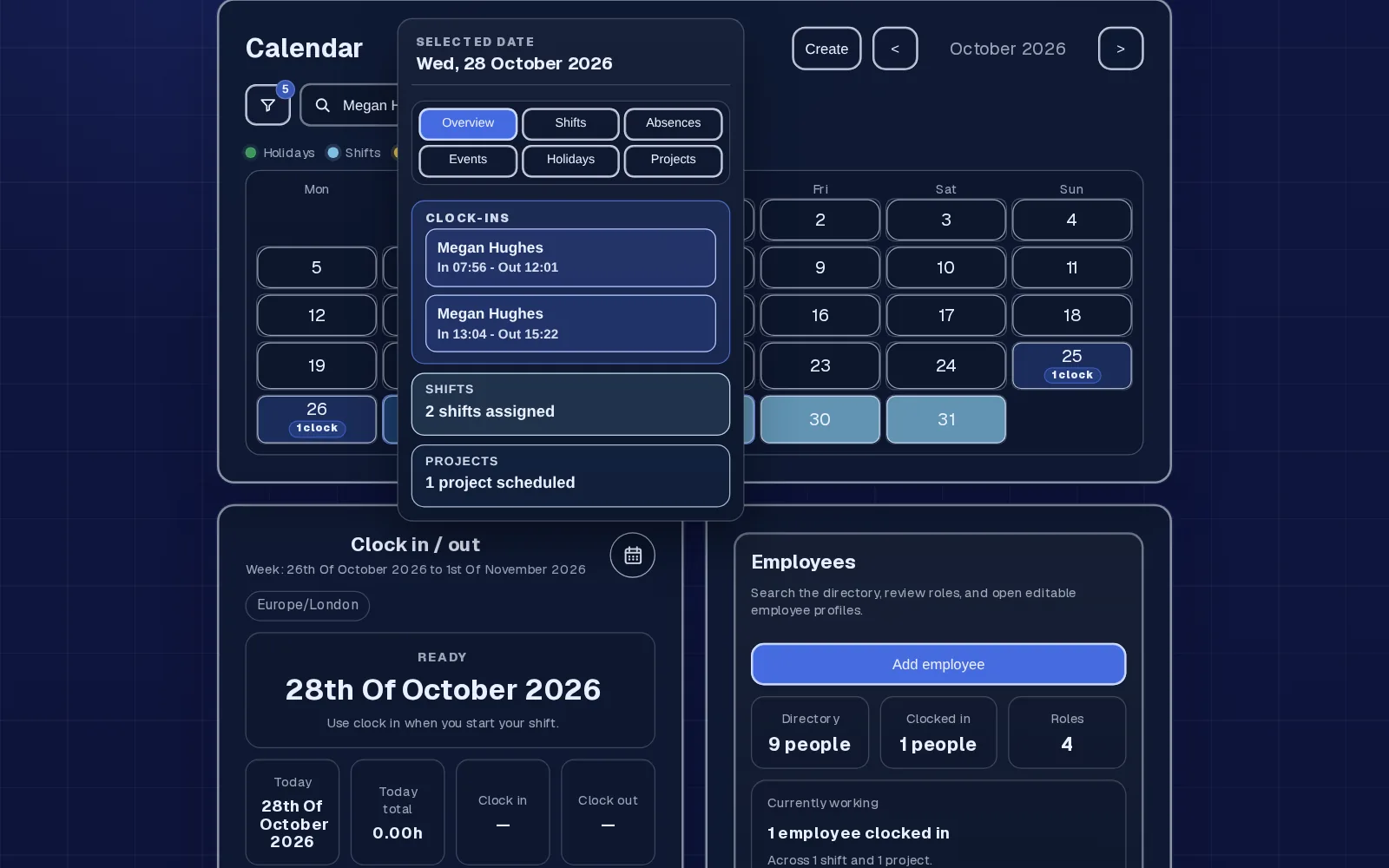 Calendar showing an engineer's day across several client sites, with clock entries against each job