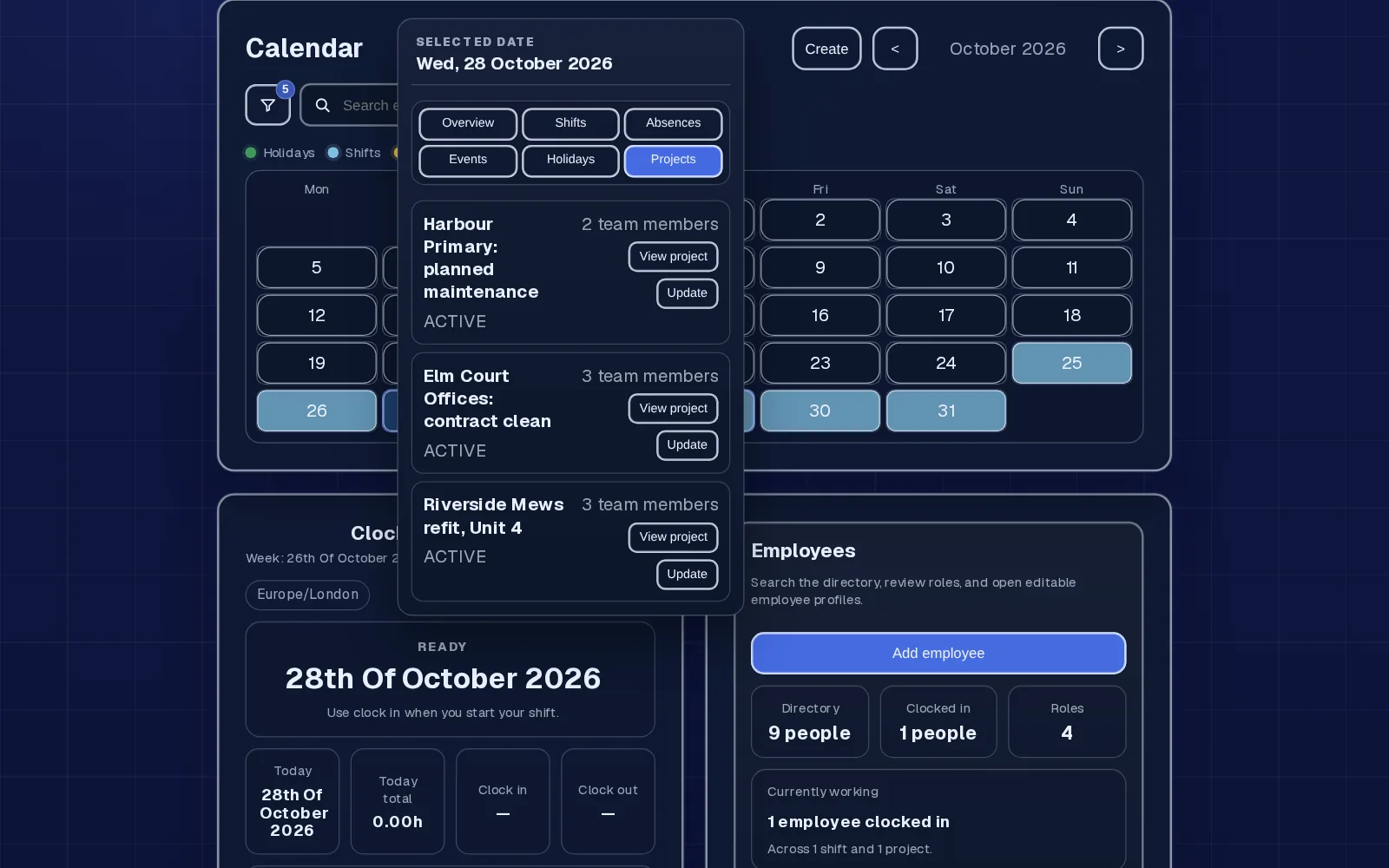 Calendar with the day's client-site projects and their teams