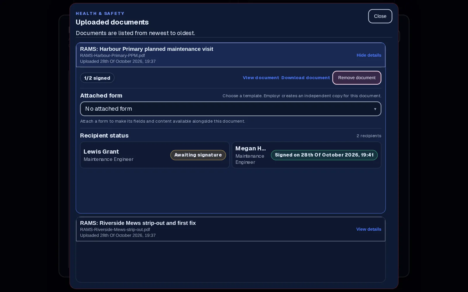 Safety document with assigned engineers and signed status