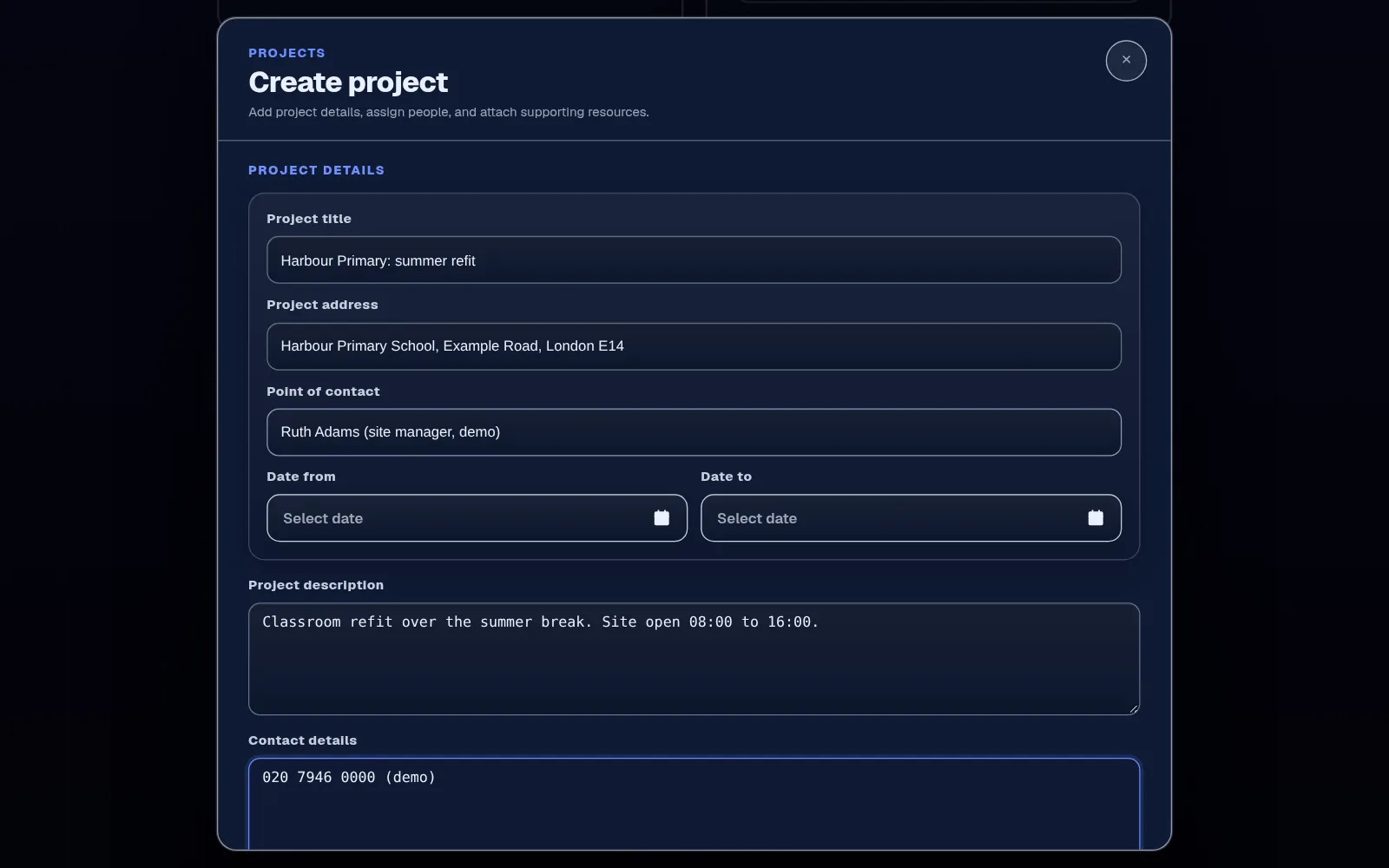 New project form with the title, site address, point of contact, dates, description and contact details