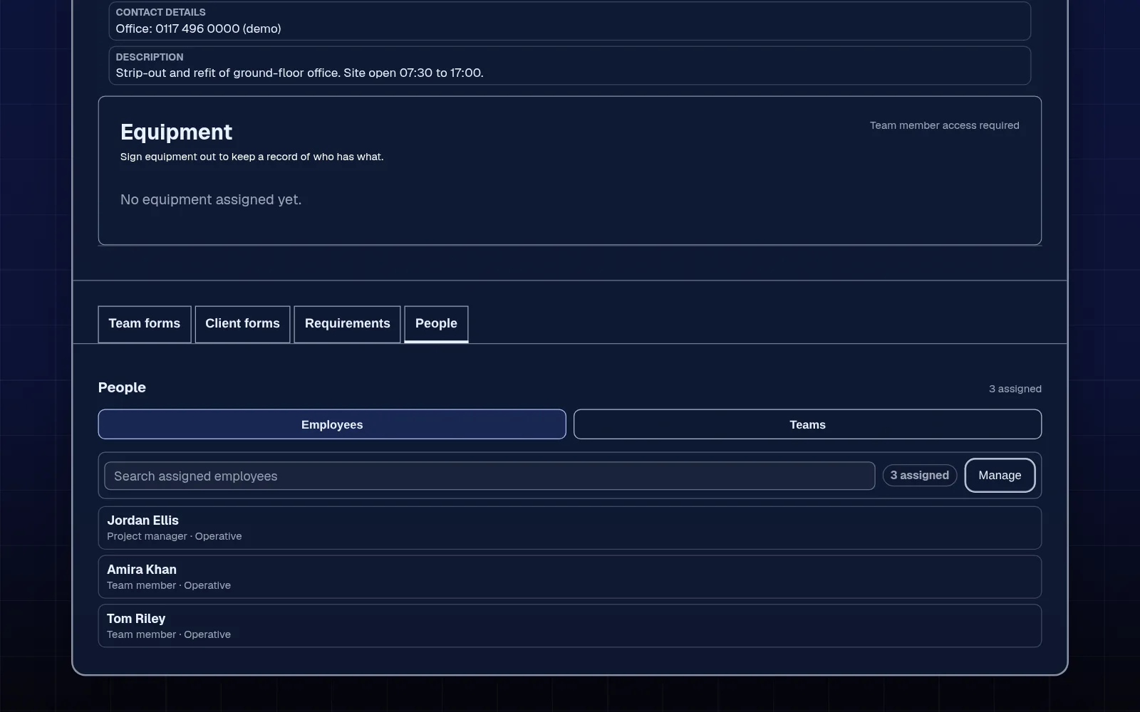 Project People tab with three assigned employees, one marked as project manager