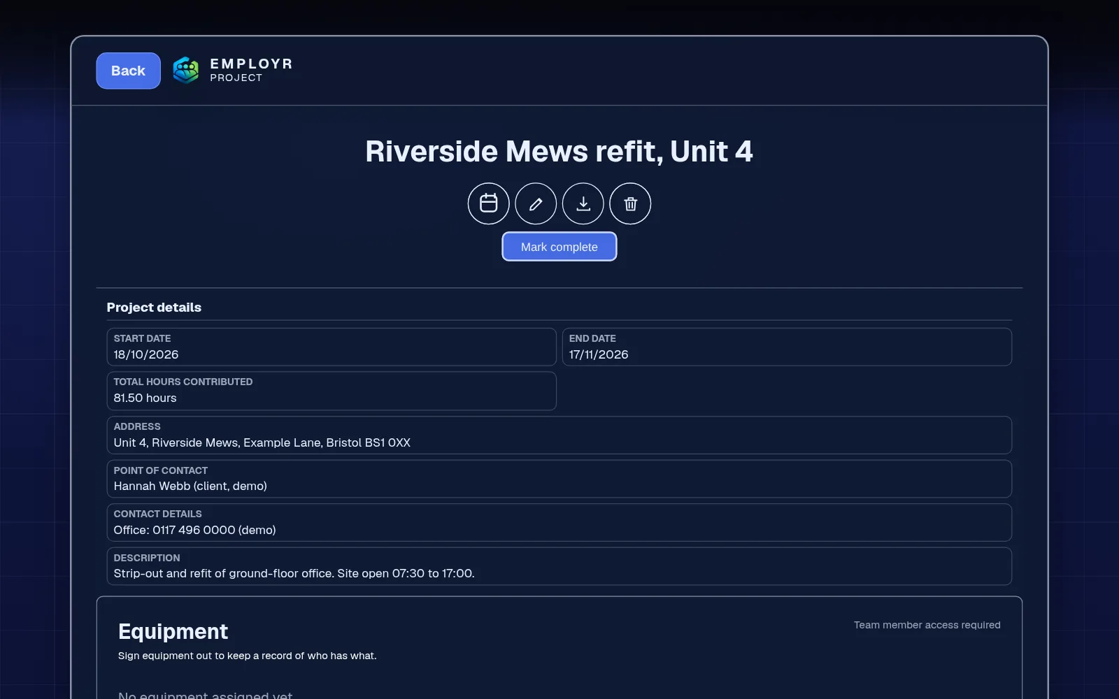 Project record showing the dates, total hours, site address, point of contact and equipment