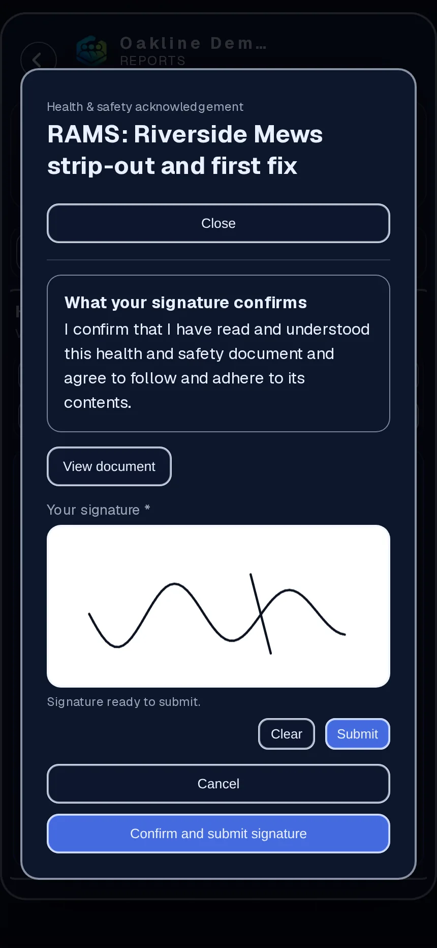 Phone screen with a document and a signature box