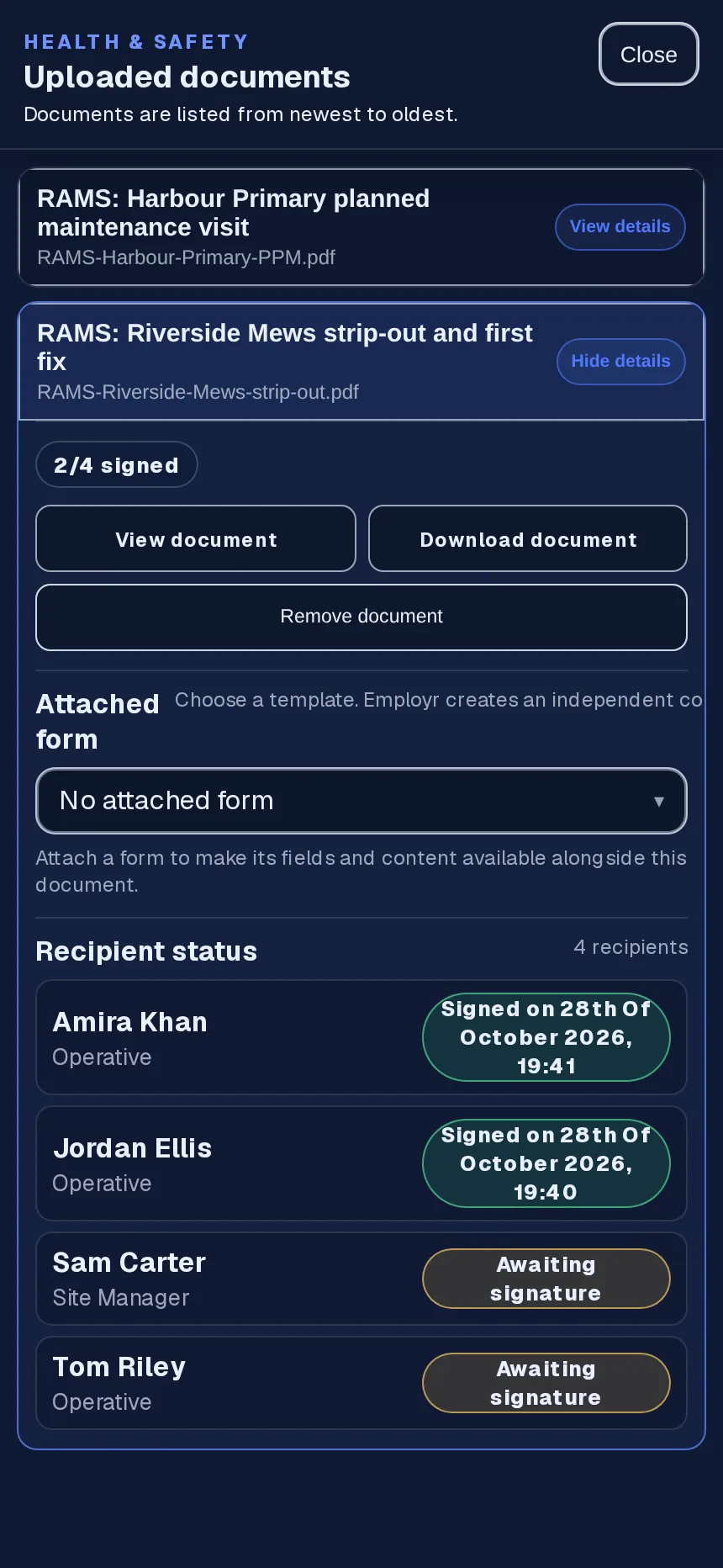 List of assignees with signed and outstanding status