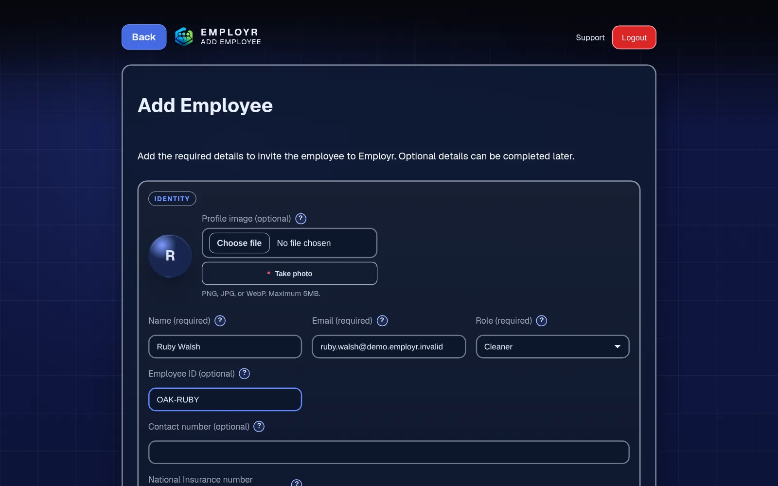 Add employee form with a profile photo, name, email, role and employee ID