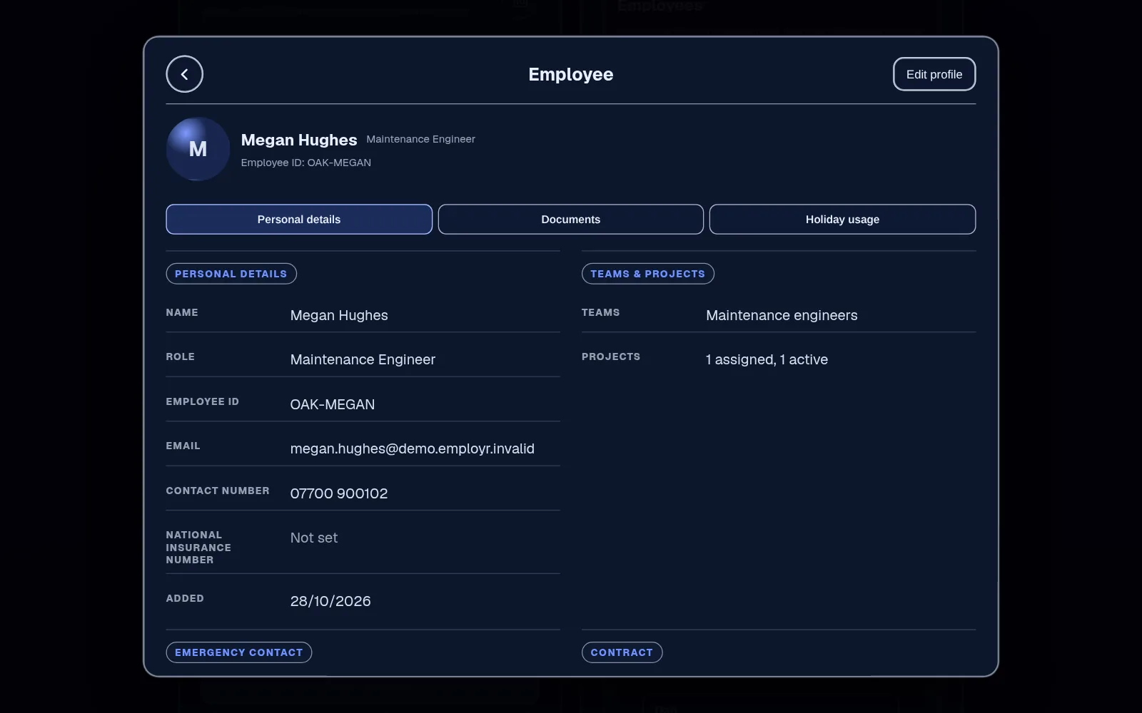 Employee profile with name, role, employee ID, contact details and team, and tabs for documents and holiday usage