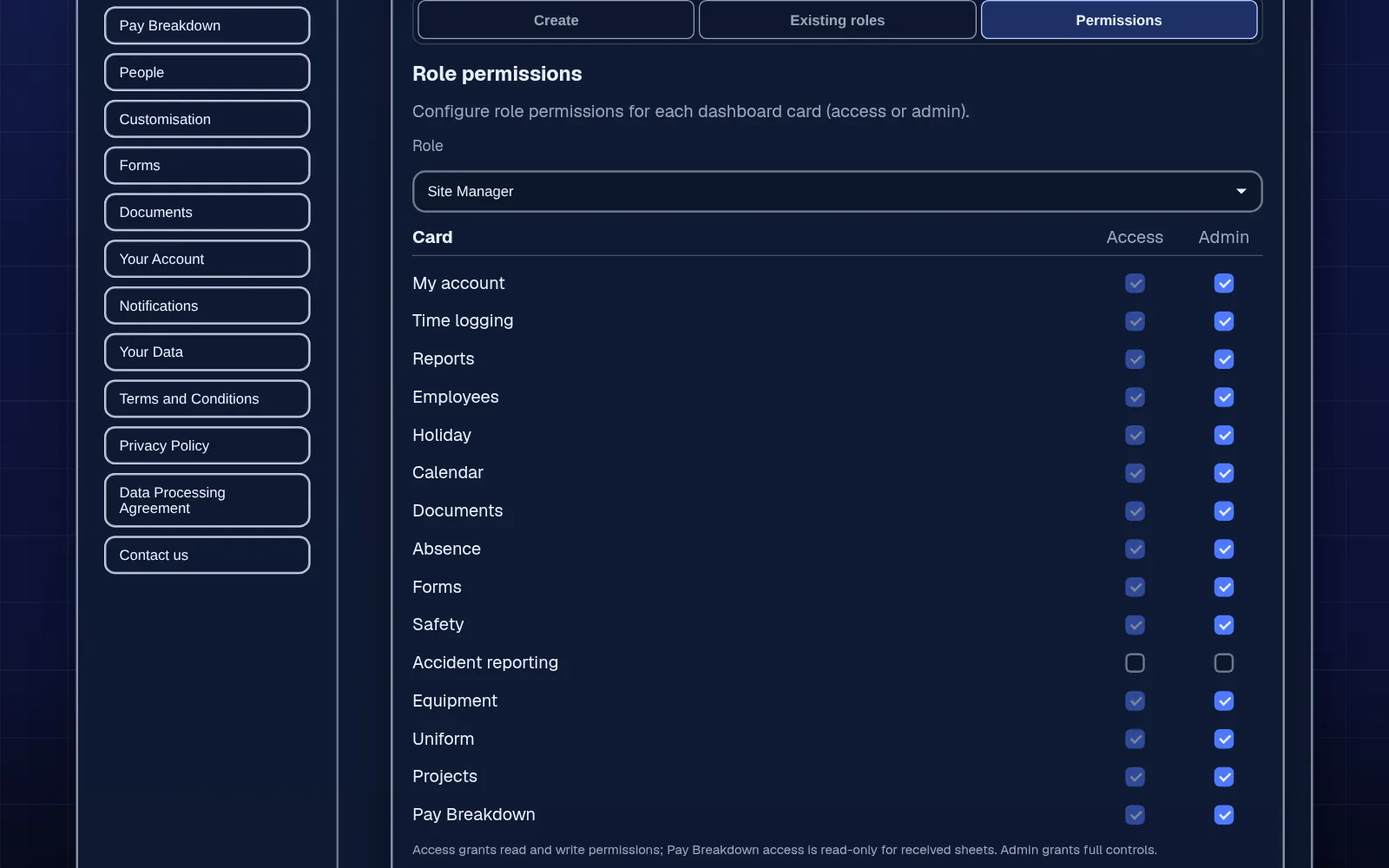 Role permissions with access and admin switches for each area
