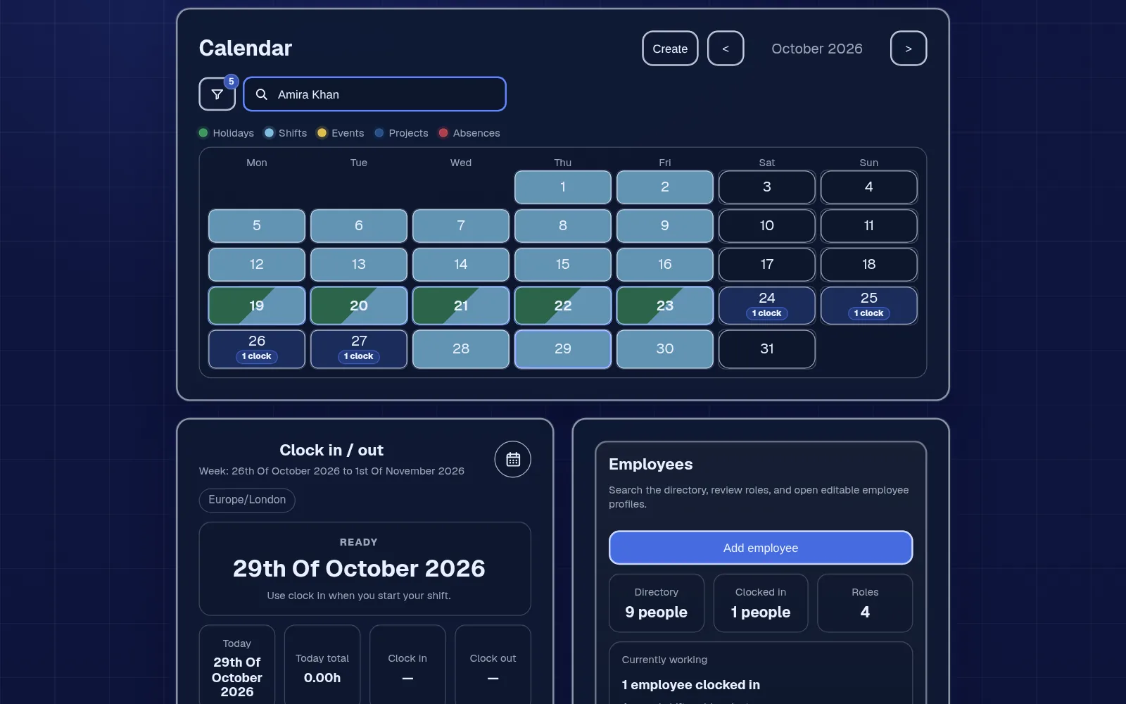 Calendar filtered to one employee showing their shifts and a week of approved holiday