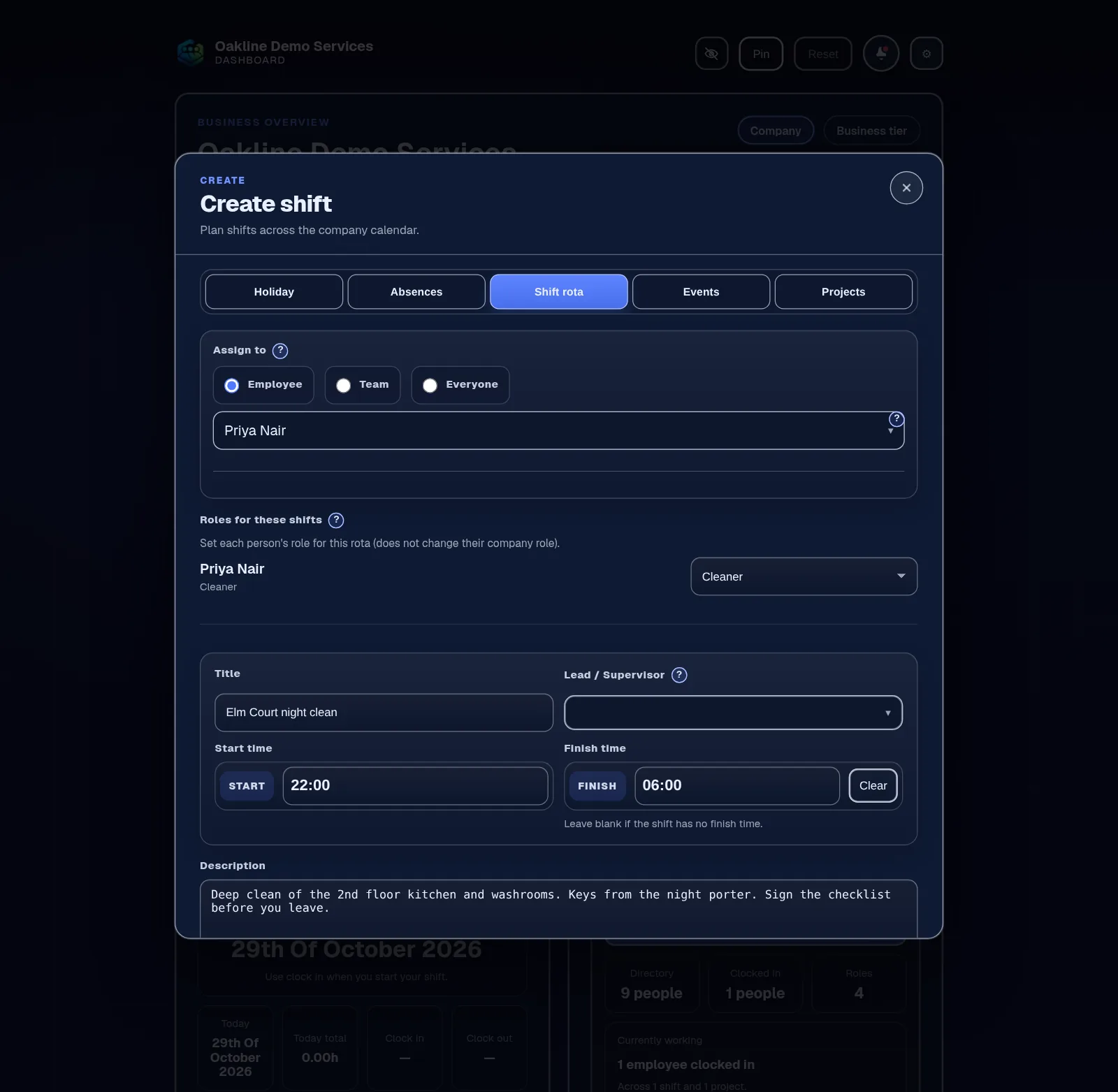 New shift form with assign-to options, title, lead, start and finish times and a description