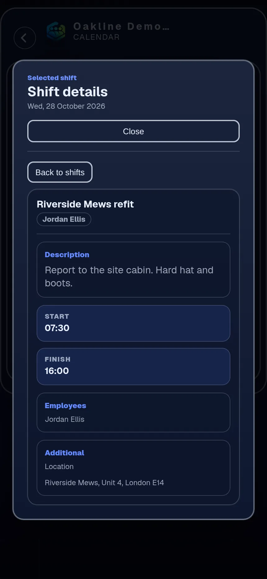 Shift details on a phone with the description, start and finish times and the site location