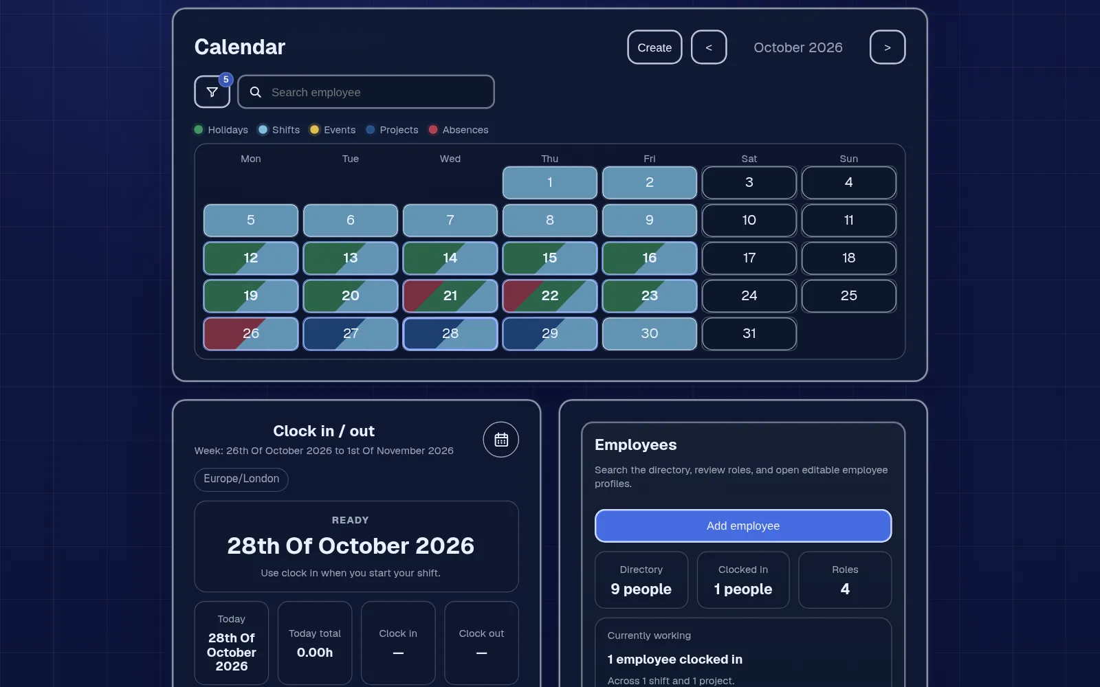Shared calendar for a month showing shifts, approved holiday and project dates in different colours