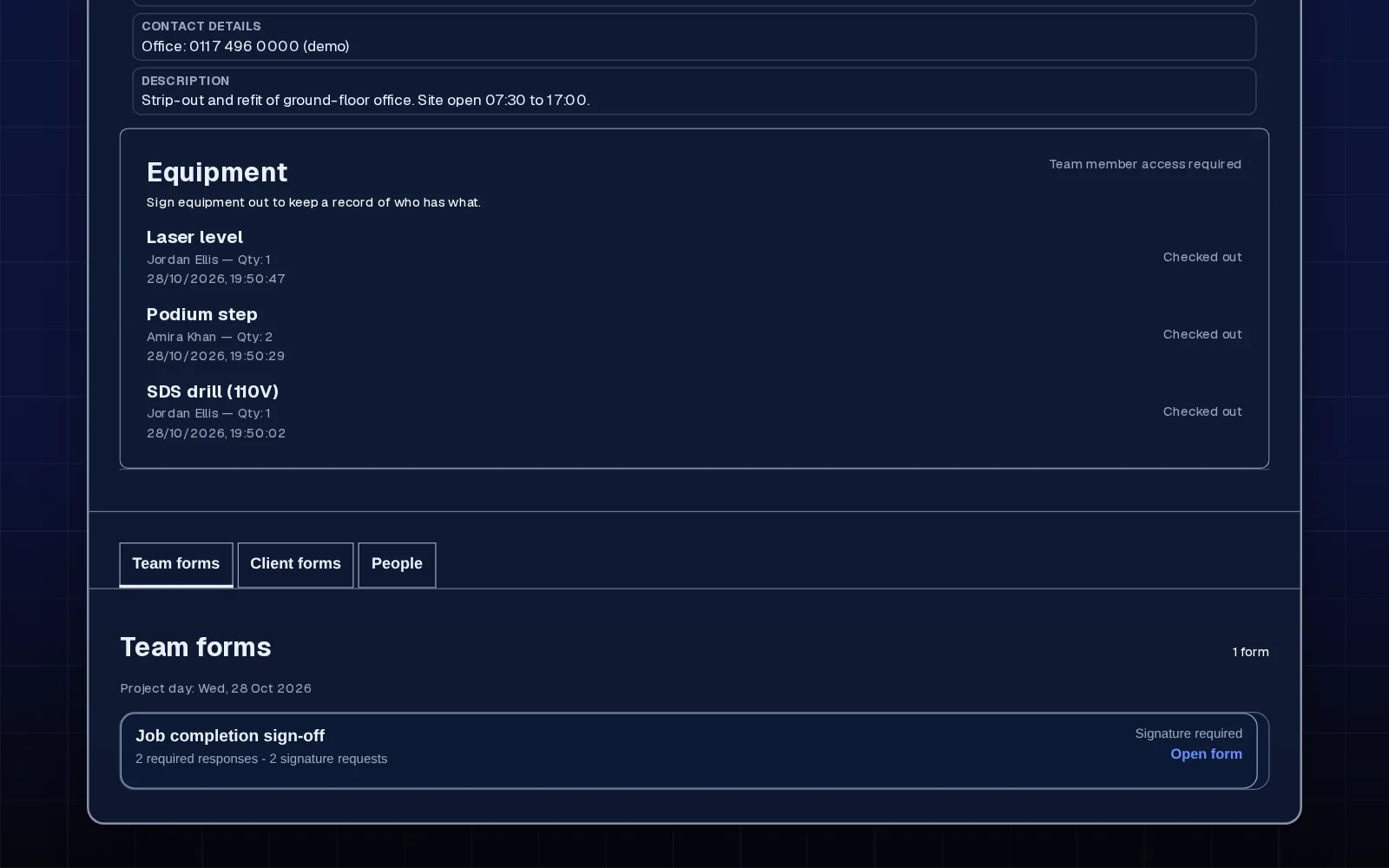 Project forms tab with a completion form attached
