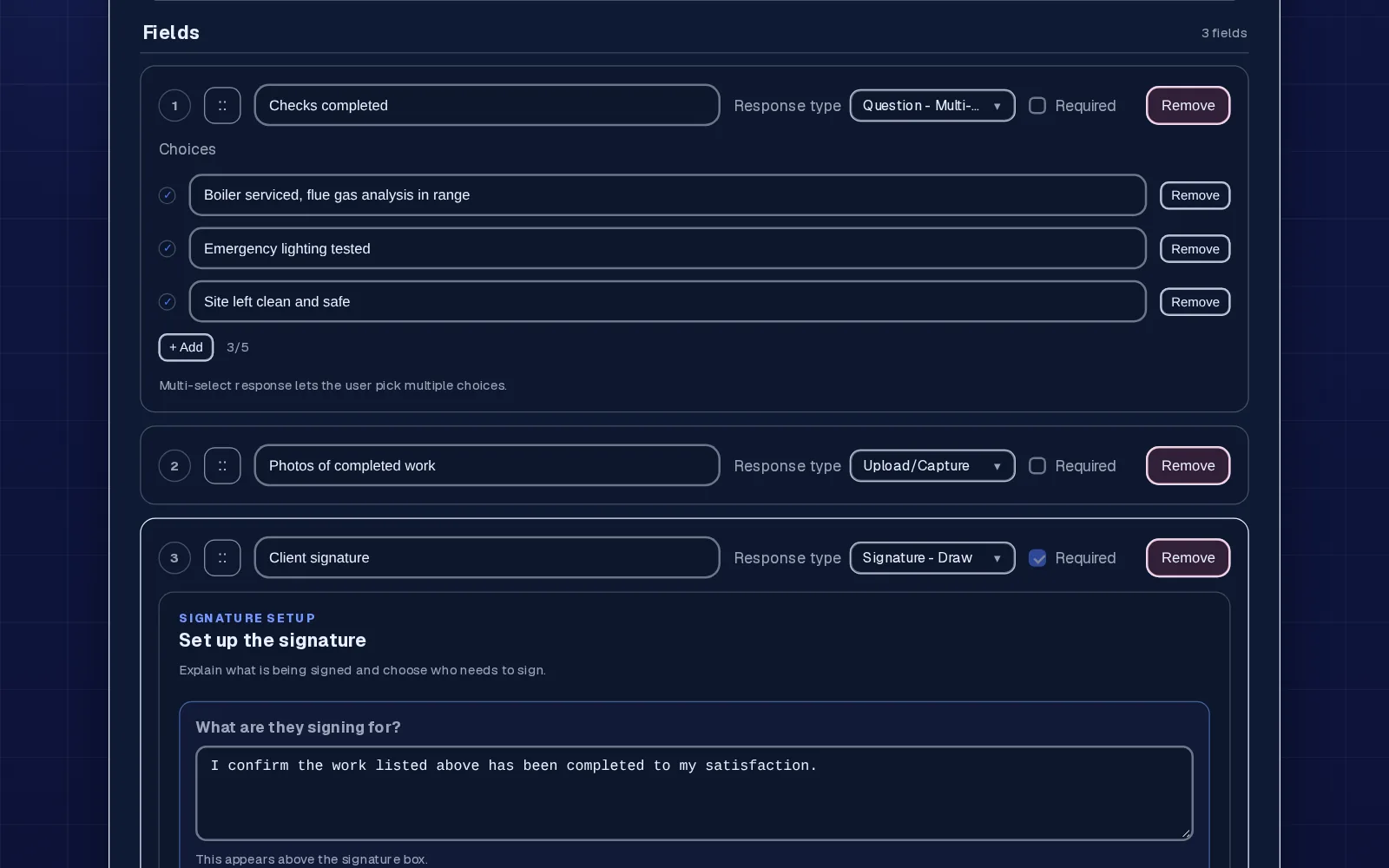 Form builder with checklist questions and a client signature field