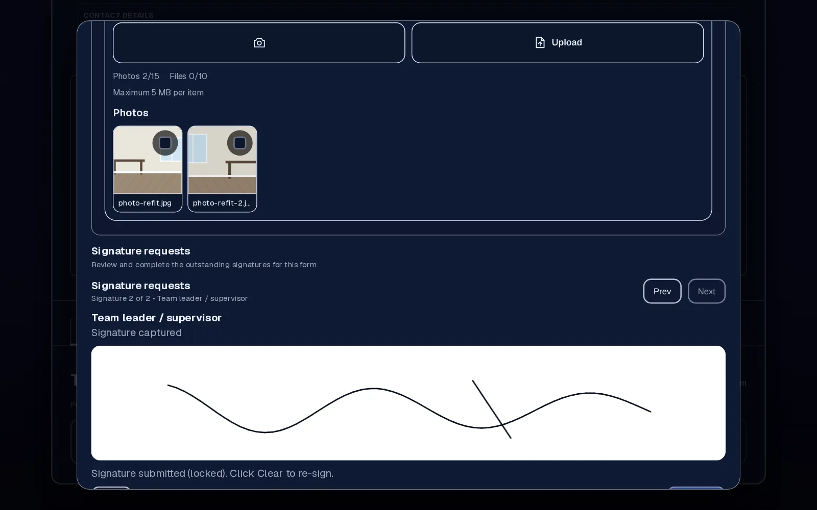 Project submission view with answers, photos and signatures