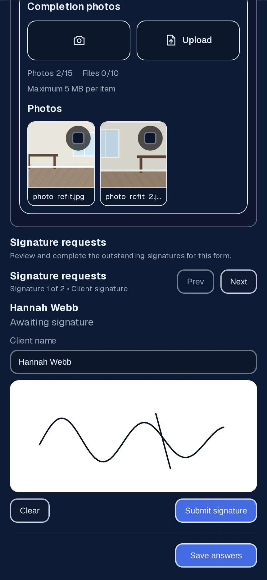 Tablet showing a signature pad with the client's name