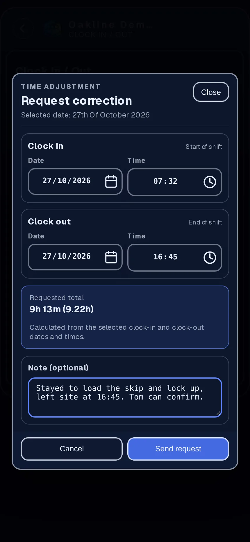 Correction request form with original times, requested times and a note