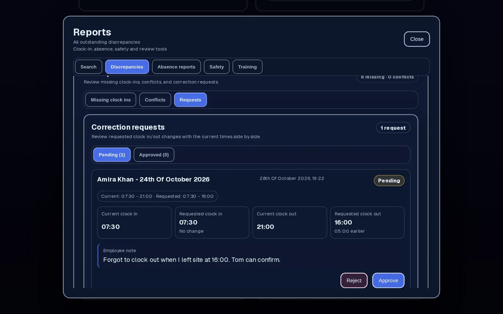 Manager review of a correction request with approve and reject buttons