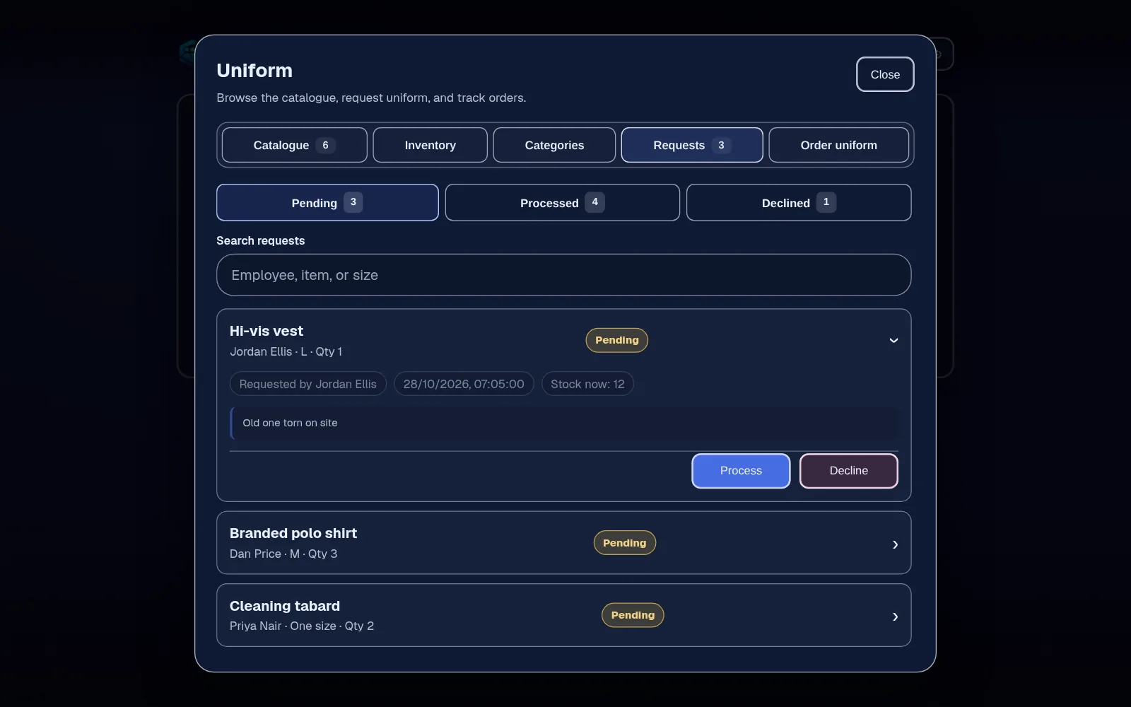 Pending uniform requests with one open, showing the item, size, quantity and Process and Decline buttons
