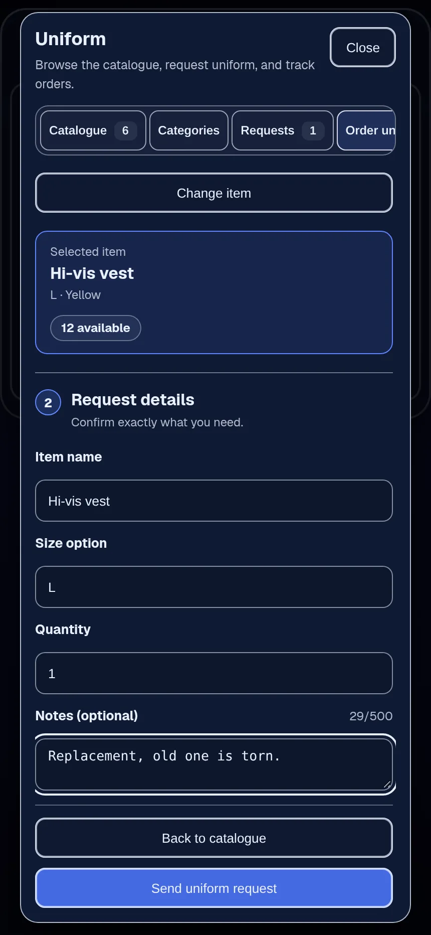 Uniform request on a phone with the item, size, quantity and a note filled in