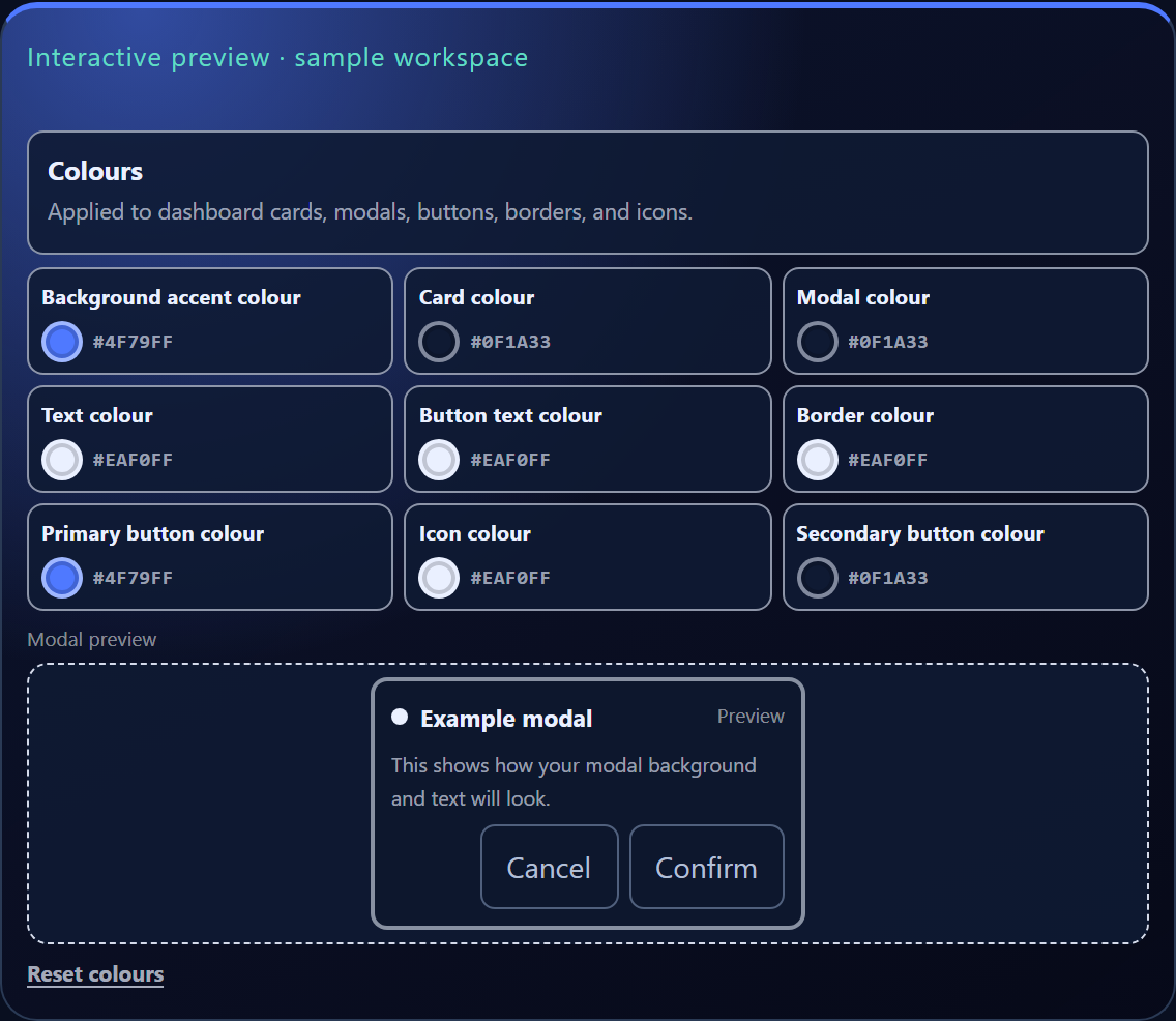 Employr branding settings with colour controls and a preview of the resulting interface