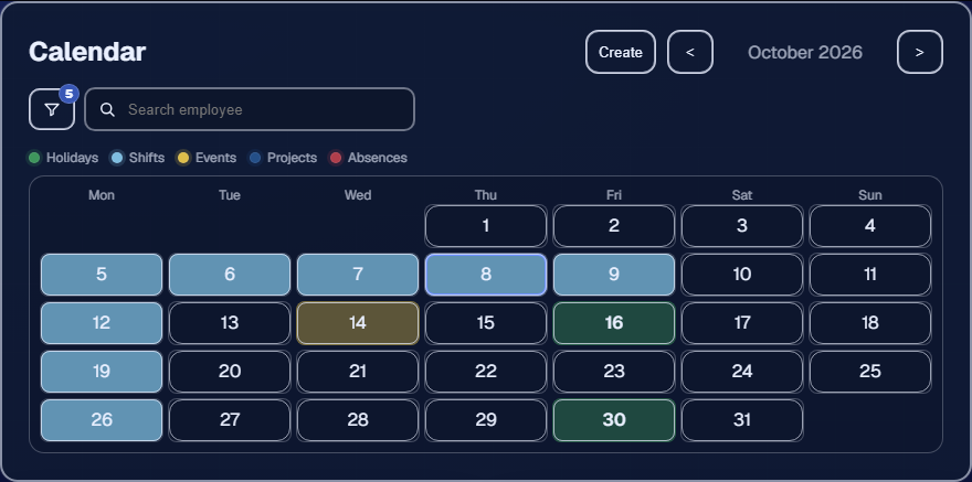 Employr shared rota and calendar showing shifts and project work