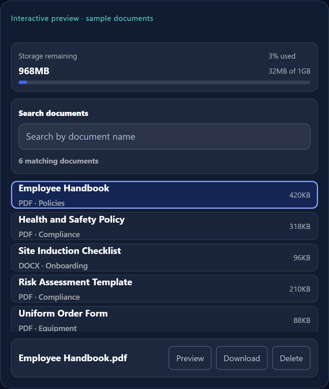 Employr controlled document library containing health and safety policies, inductions, and risk assessment records